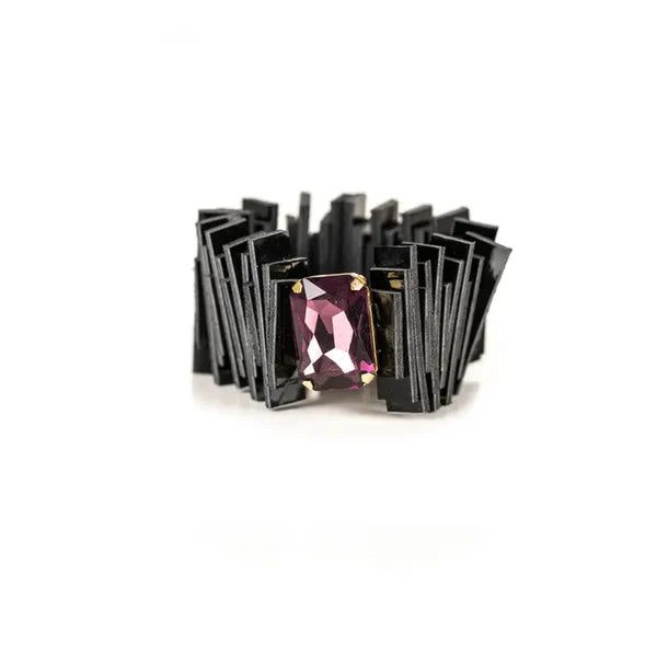 The Dark Black Geometric Leather Cuff Bracelet with Purple Crystal Handmade Statement Bracelet