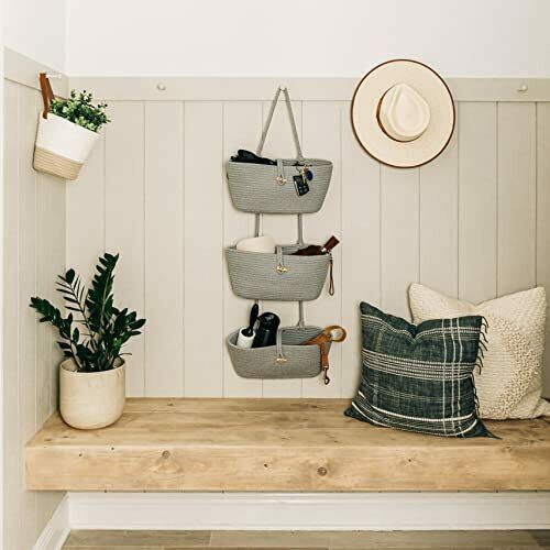 3 Tiers Cotton Rope Woven Wall Hanging Storage Basket Over The Door Hanging Organizer