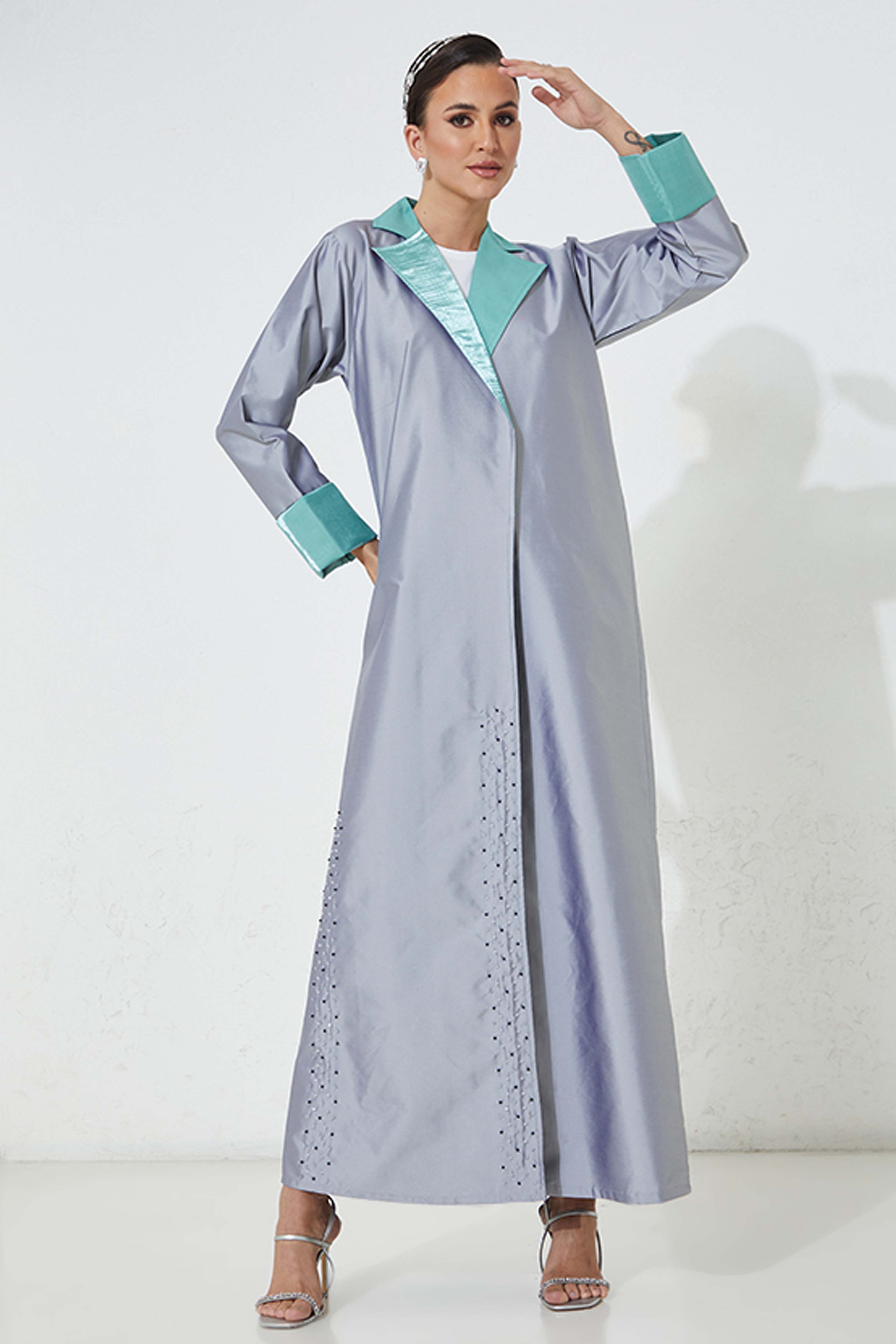 MOiSTREET Grey Victoria Satin Abaya With Handwork