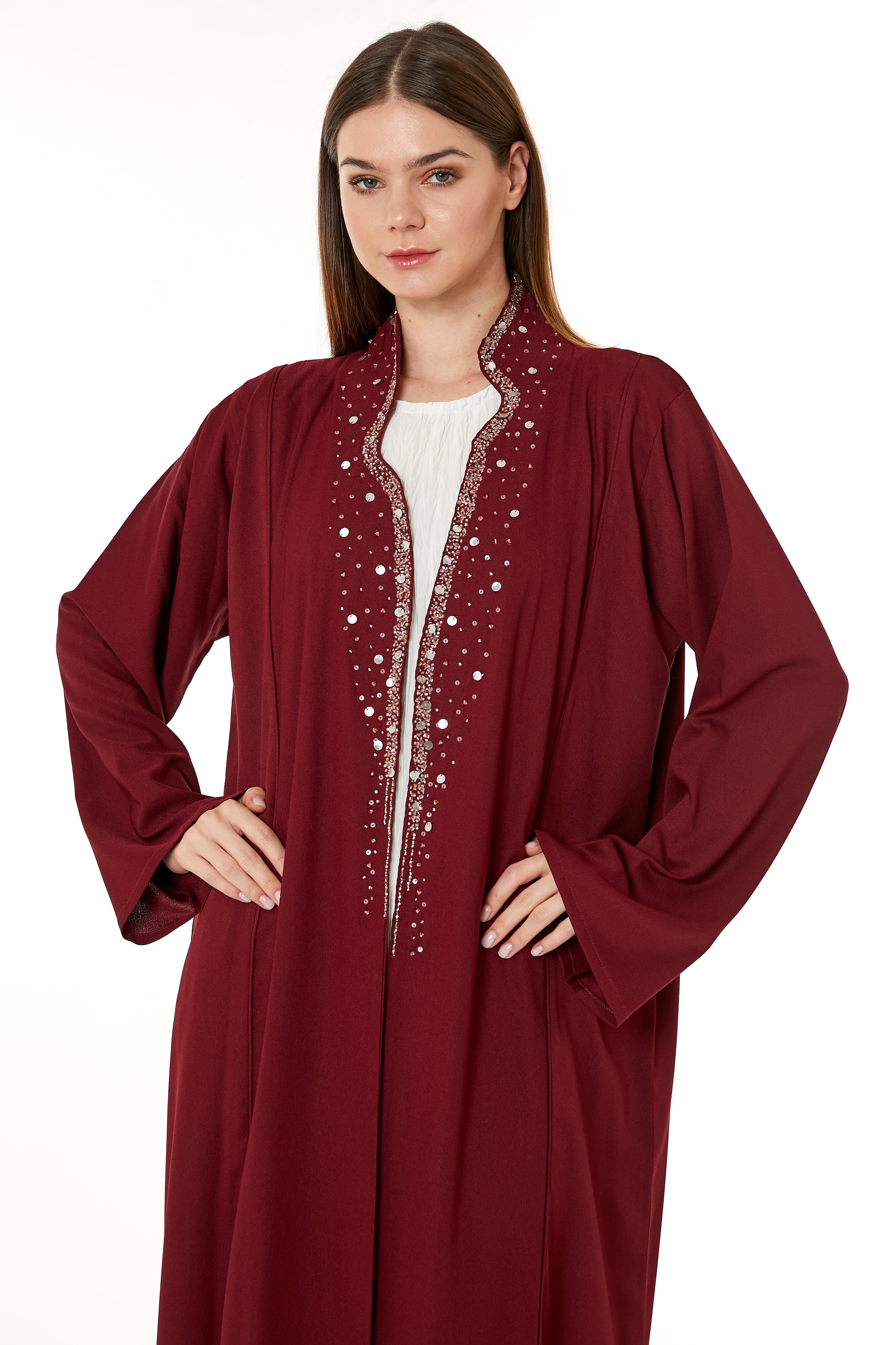 MOiSTREET Red Indonesian Crepe Hand Embellished Abaya