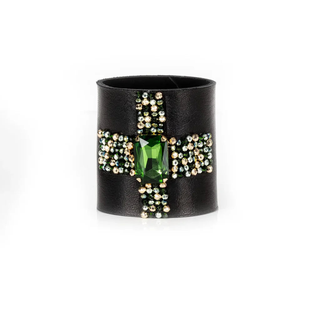 The Dark Crystal Ribbon Leather Cuff Bracelet Black & Emerald Spark