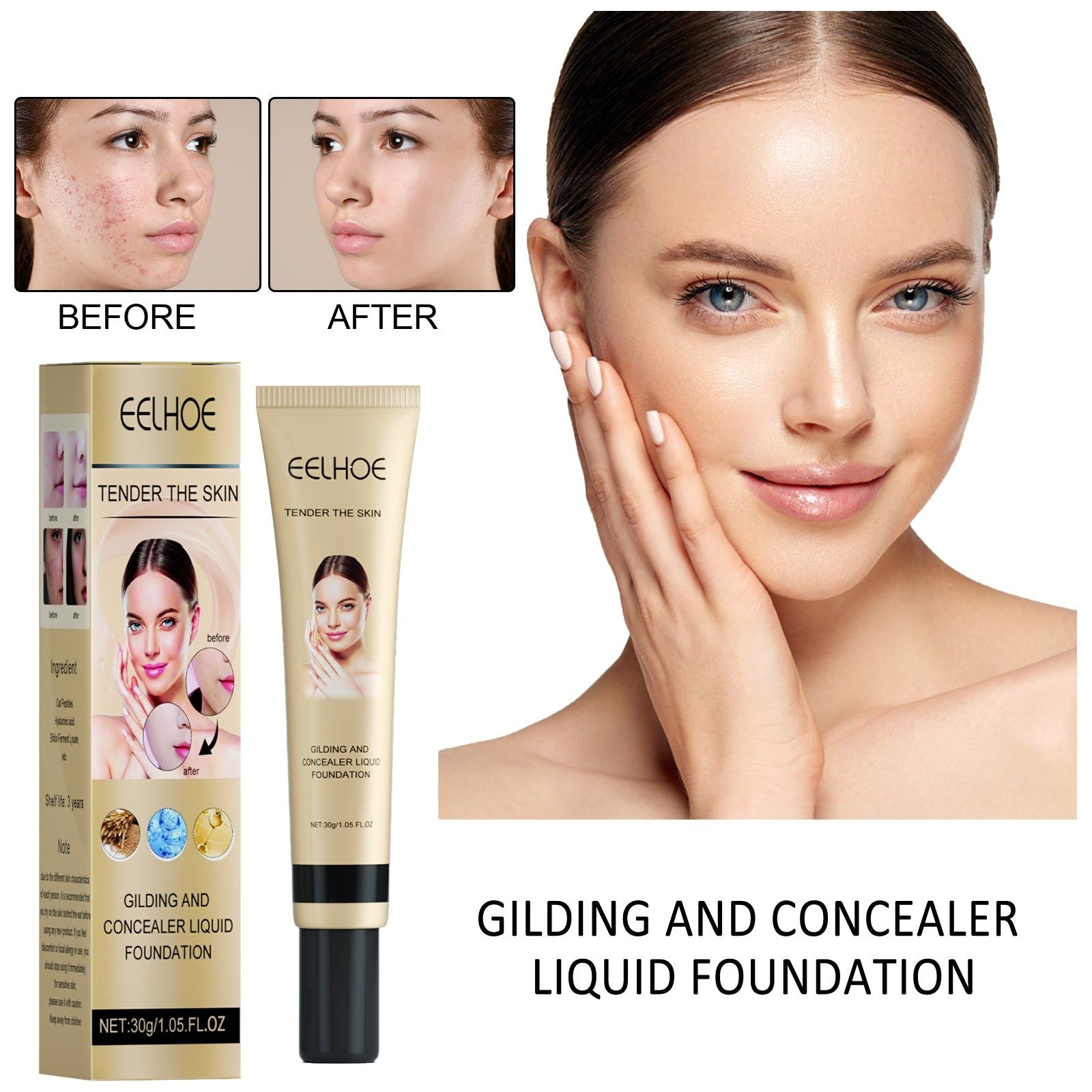 Brightening Concealer Liquid Foundation, Oil Control, Pore Cover, Long-lasting, Natural Finish ,30g