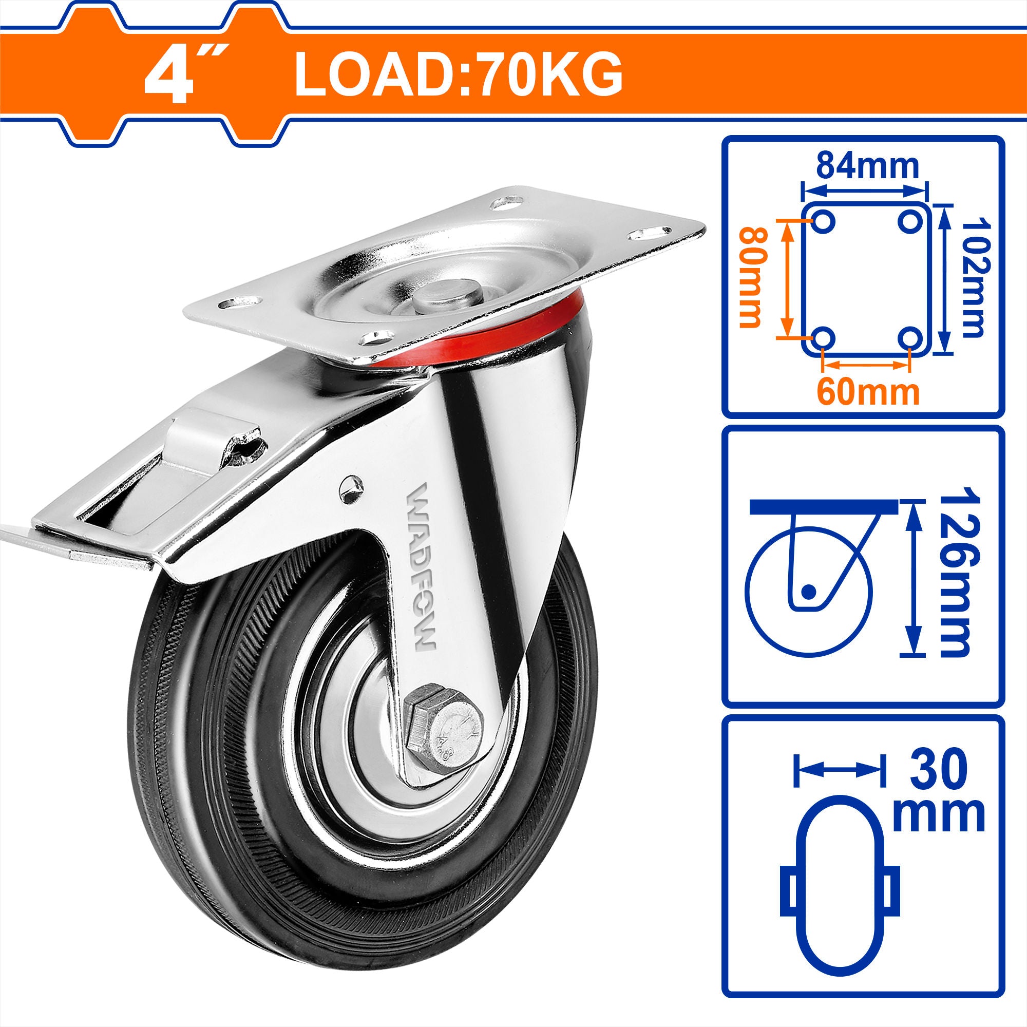 WADFOW Heavy, Duty Caster Wheels, Rigid / Swivel / Swivel with Brake, Steel & Rubber