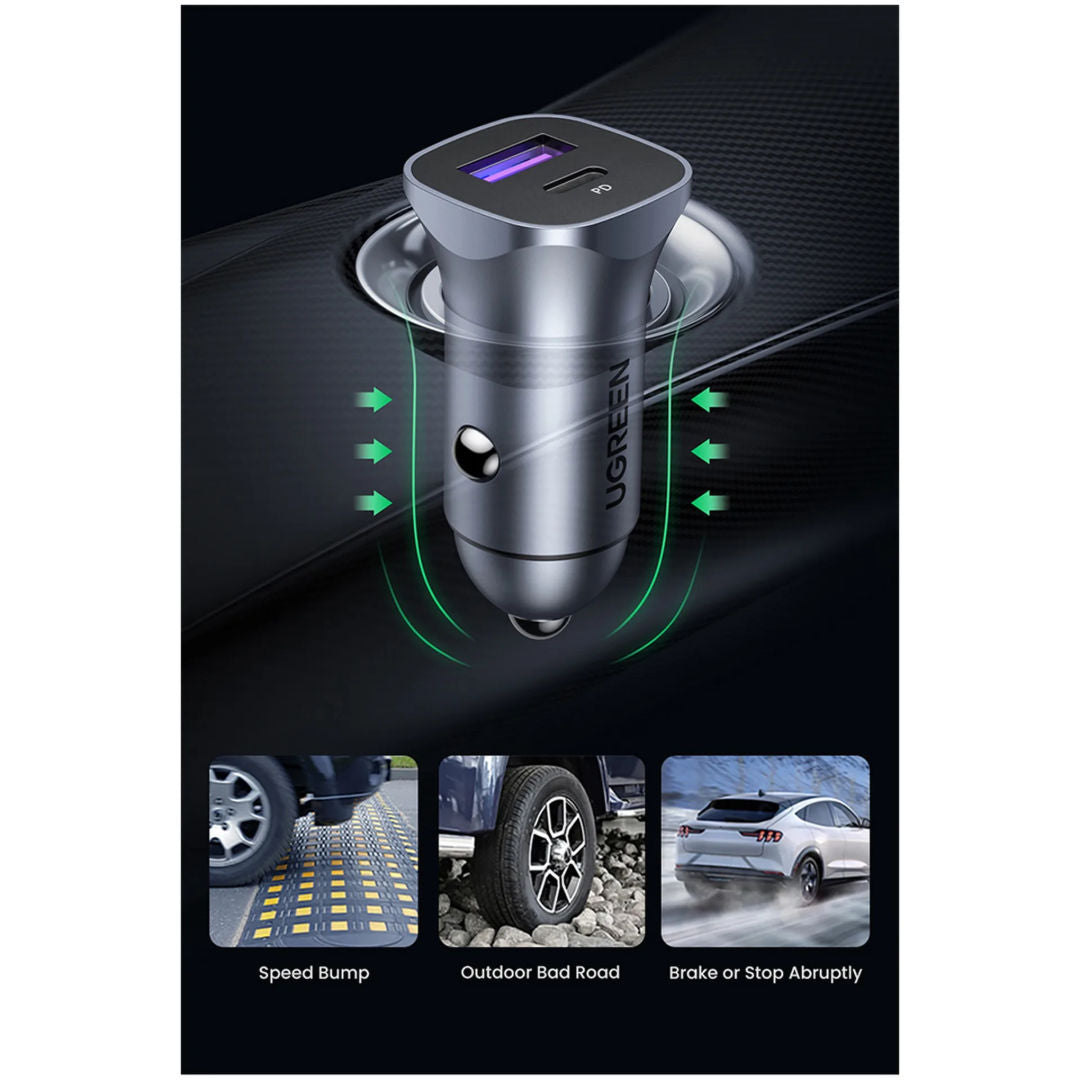 UGREEN CD130 52.5W Dual Port Car Charger with USB-C PD and USB-A QC Fast Charging