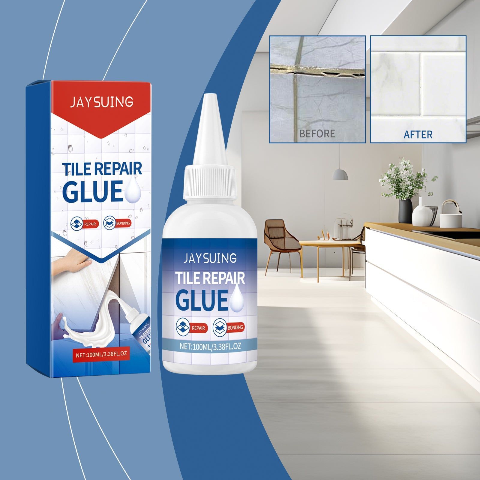 Ceramic Tile Repair Adhesive, Waterproof Crack Fix, Easy Leak Seal, Kitchen Bathroom Floor Repair ,100ml