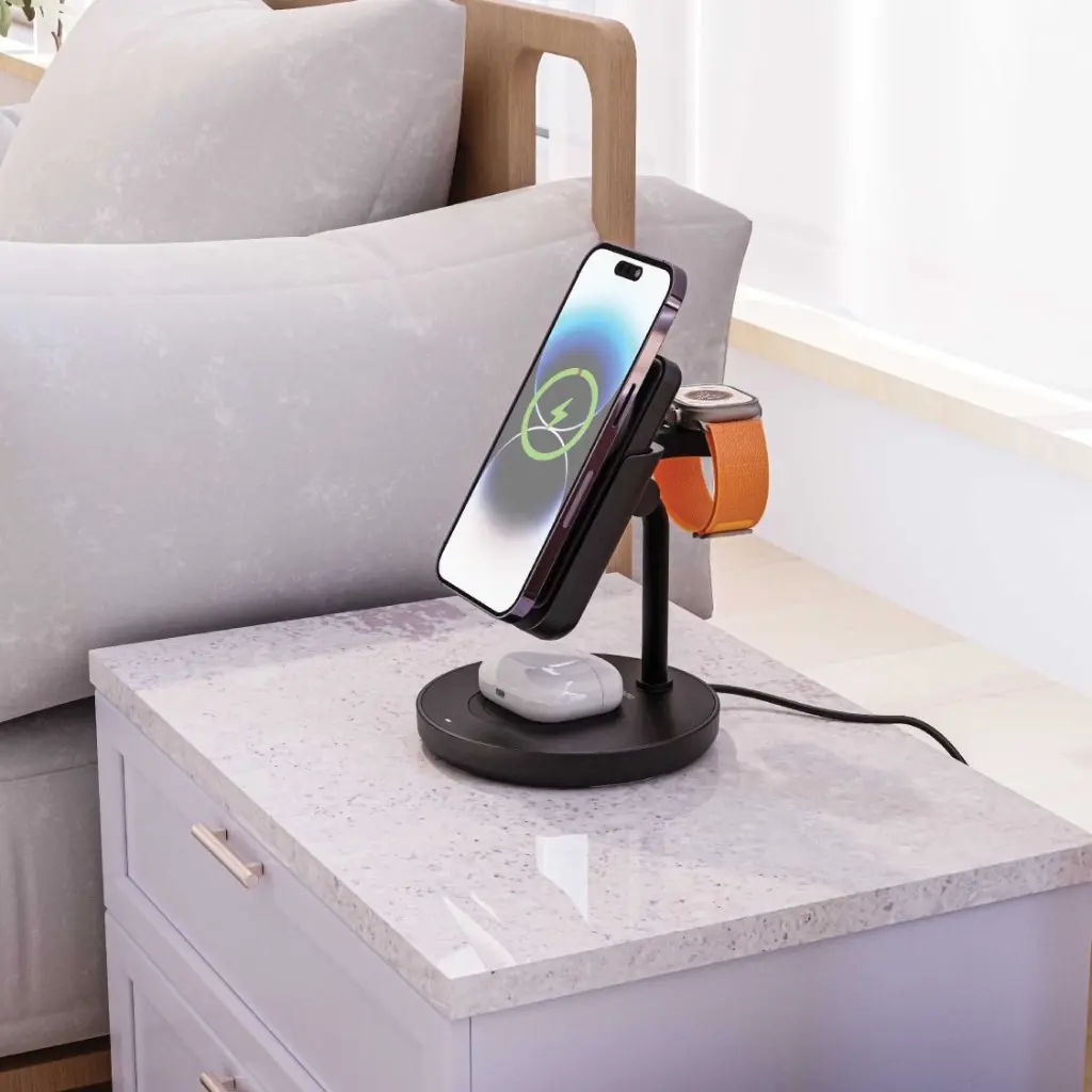 Porodo 5000mAh 4-in-1 MagSafe Power Bank Dock with Wireless Charging, Apple Watch & AirPods Support, Black