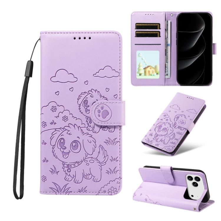 For iPhone 18 Pro Max / iPhone 17 Pro Max Embossed Heart Dog RFID Blocking Wallet Leather Phone Case