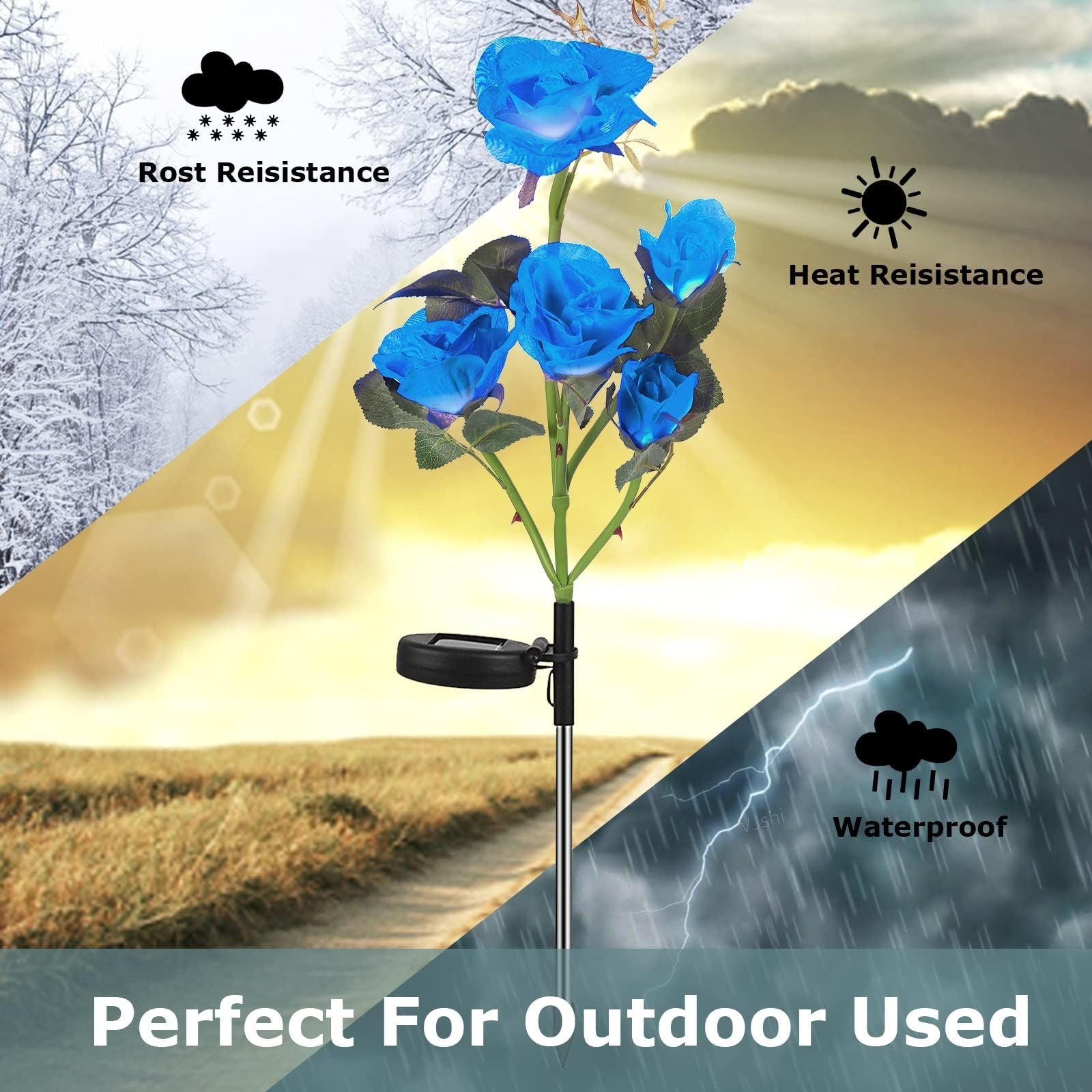 Outdoor Solar Flower Lights 2 Pack 5 Head Artificial Rose LED Lamp Garden Décor