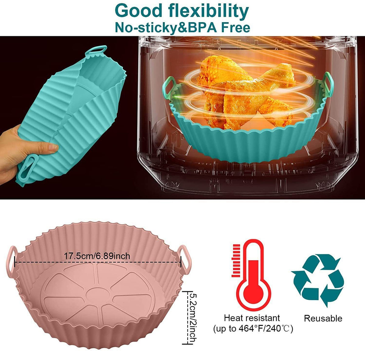 2Pcs Silicone Air Fryer Liner Reusable Air Fryer Basket 7.5 Inch Baking Tray
