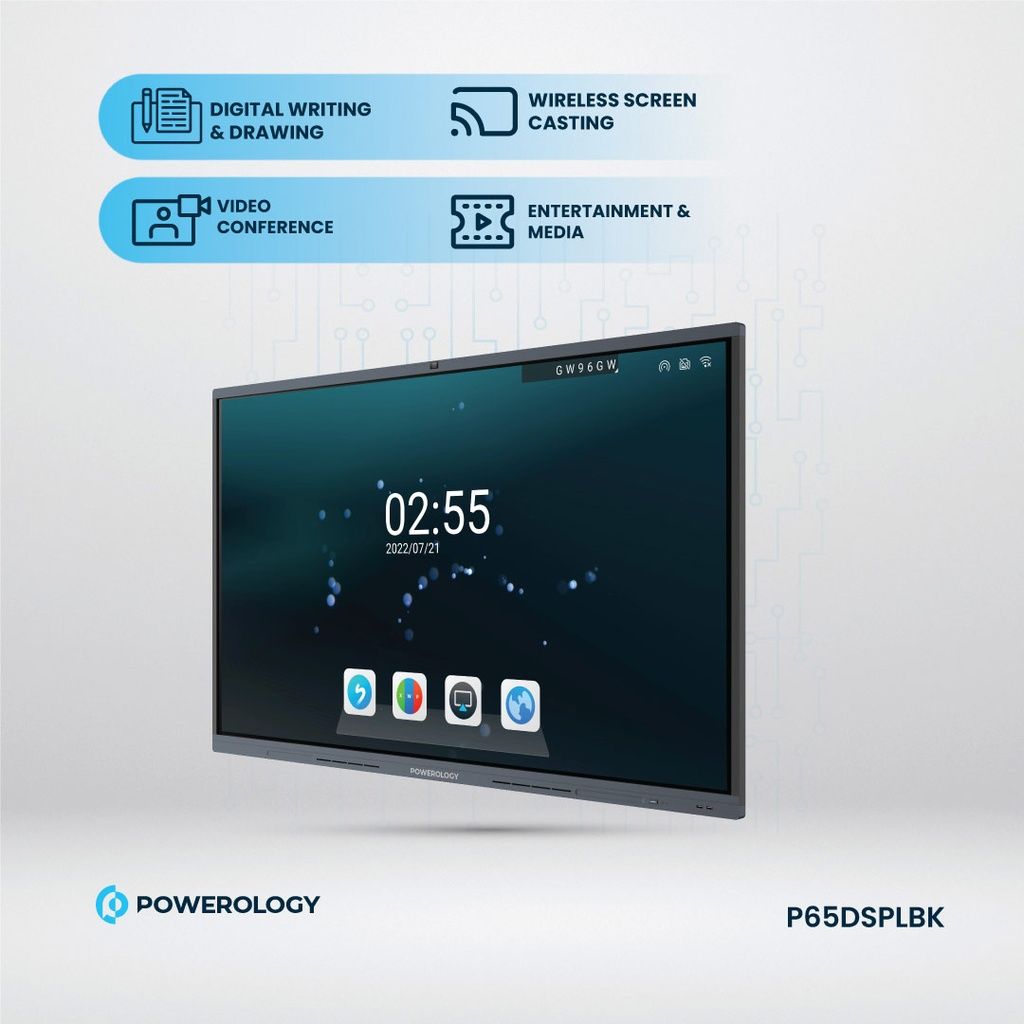 Powerology 65" Interactive Smartboard, Android 11 + Windows 11, 8GB + 128GB, Black