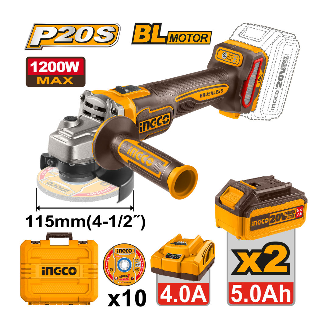 INGCO Brushless Angle Grinder Kit, 20V