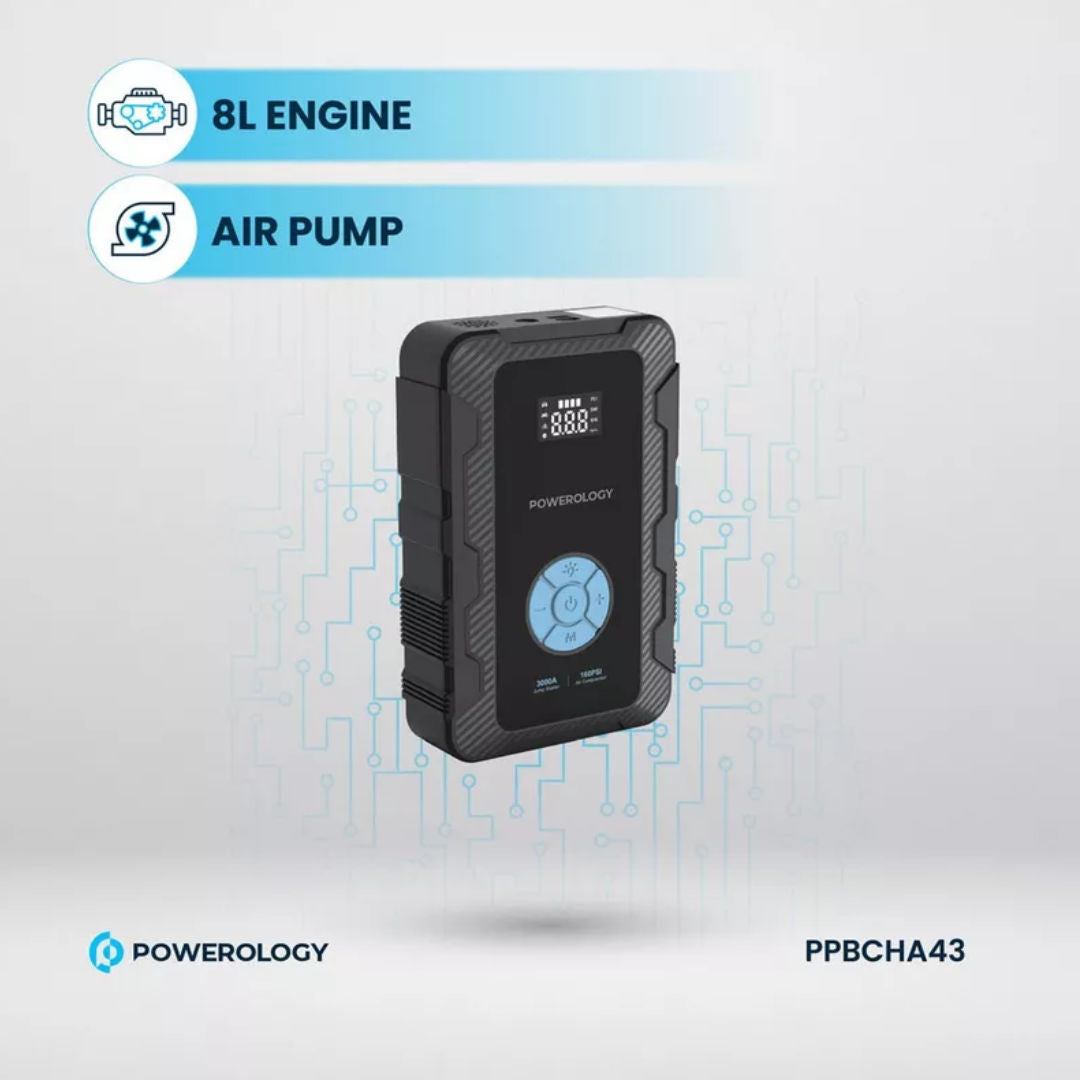 Powerology 20000mAh Power Bank Jump Starter with Air Compressor, 3000A Peak, 45W PD & 160PSI Inflator