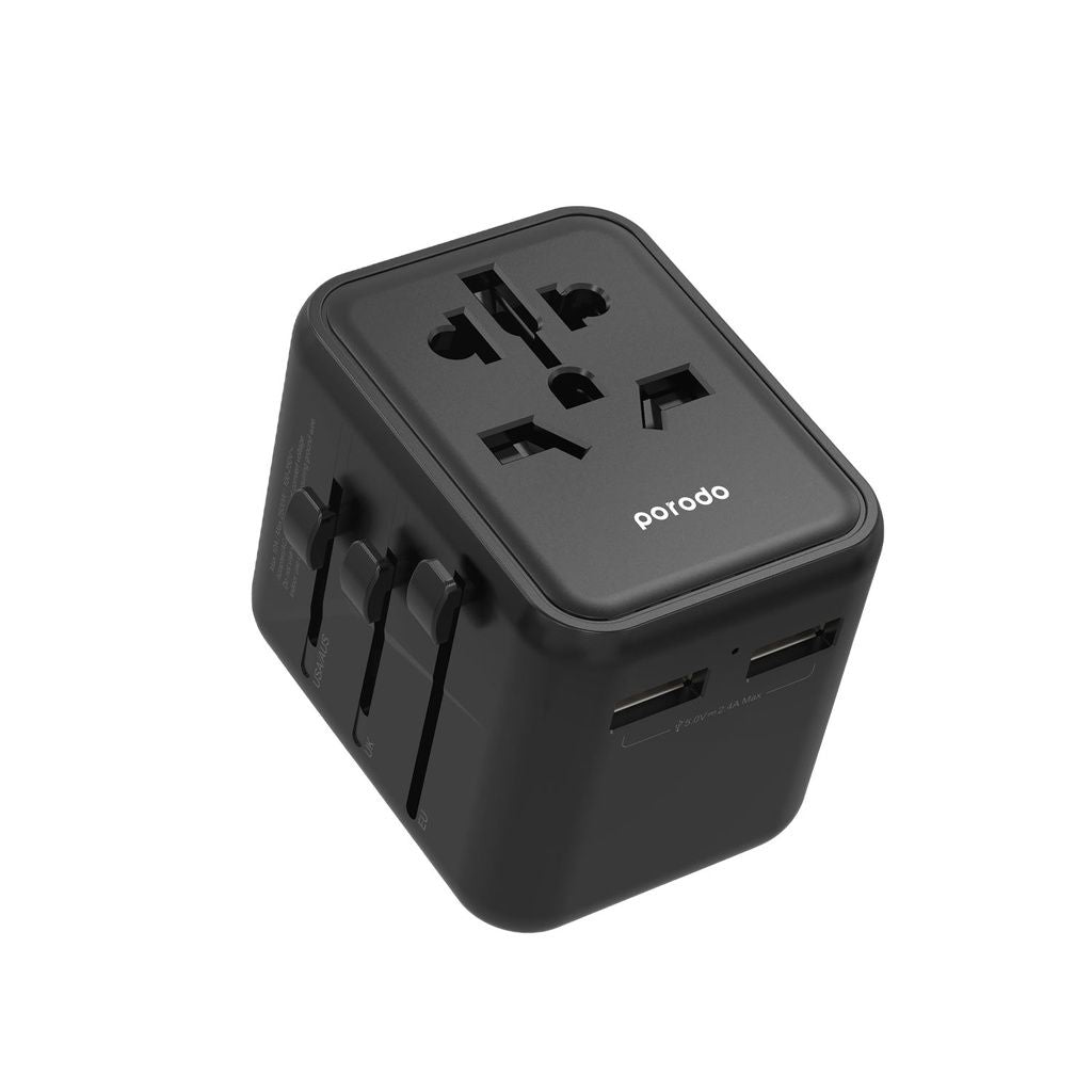 Porodo Dual USB-A Universal Travel Adapter 2.4A, Black