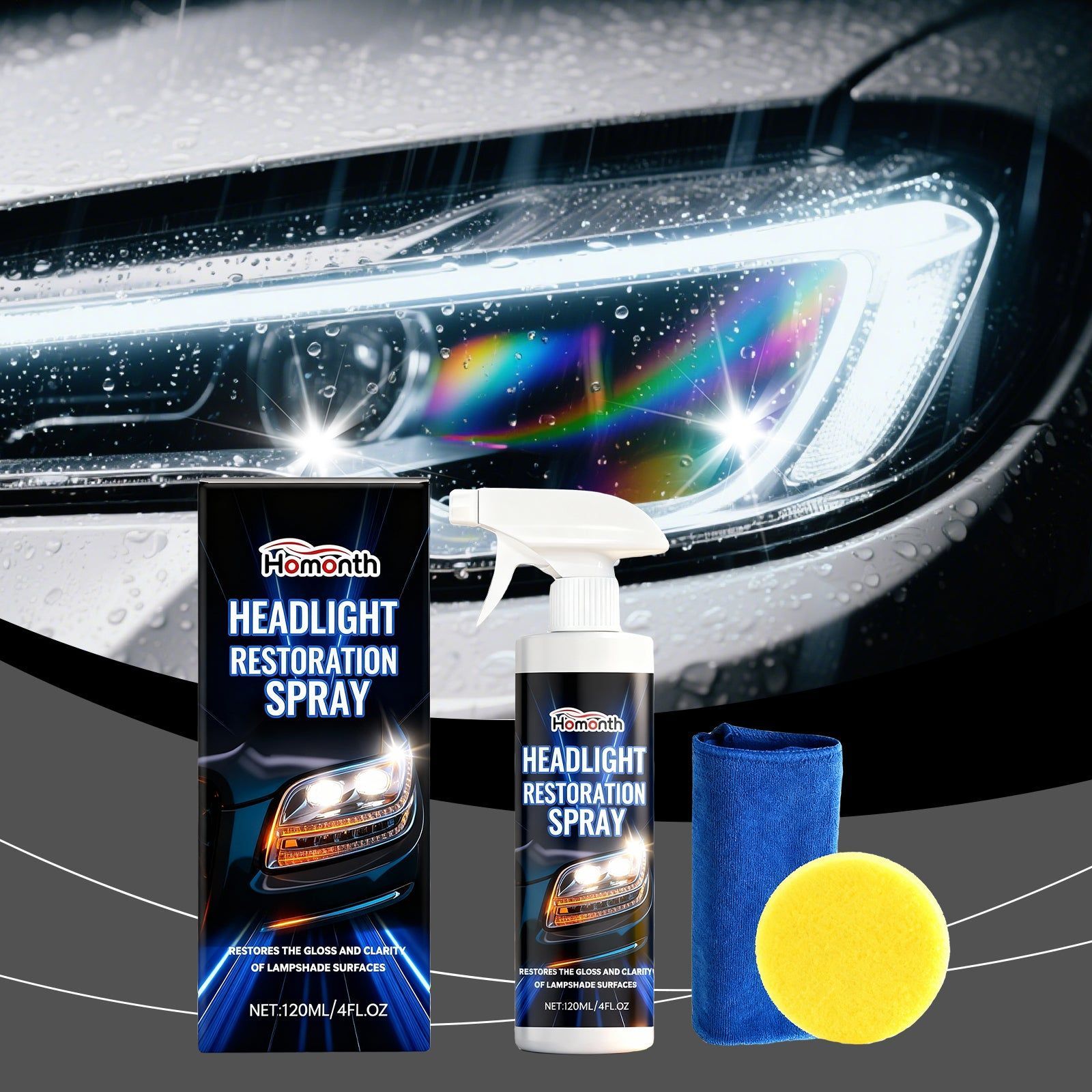 Car Headlamp Care Spray, Restores Shine, Enhances Vehicle Appearance, Long-lasting Car Care Solution ,1set