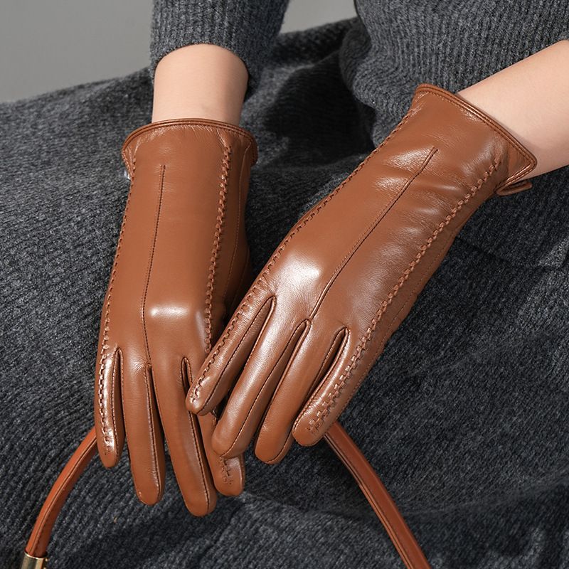 Women Color Leather Gloves Striped Style Winter Warm Gloves