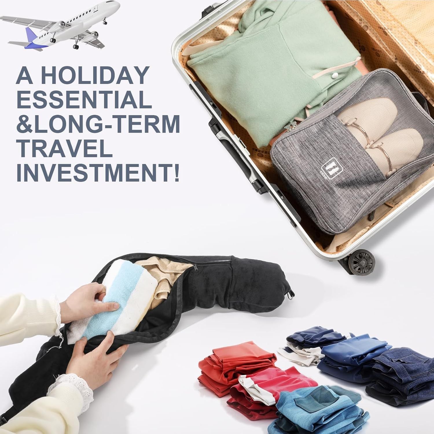 Stuffable Travel Pillow for Extra Luggage Velvet Travel Neck Pillow Storage Bag