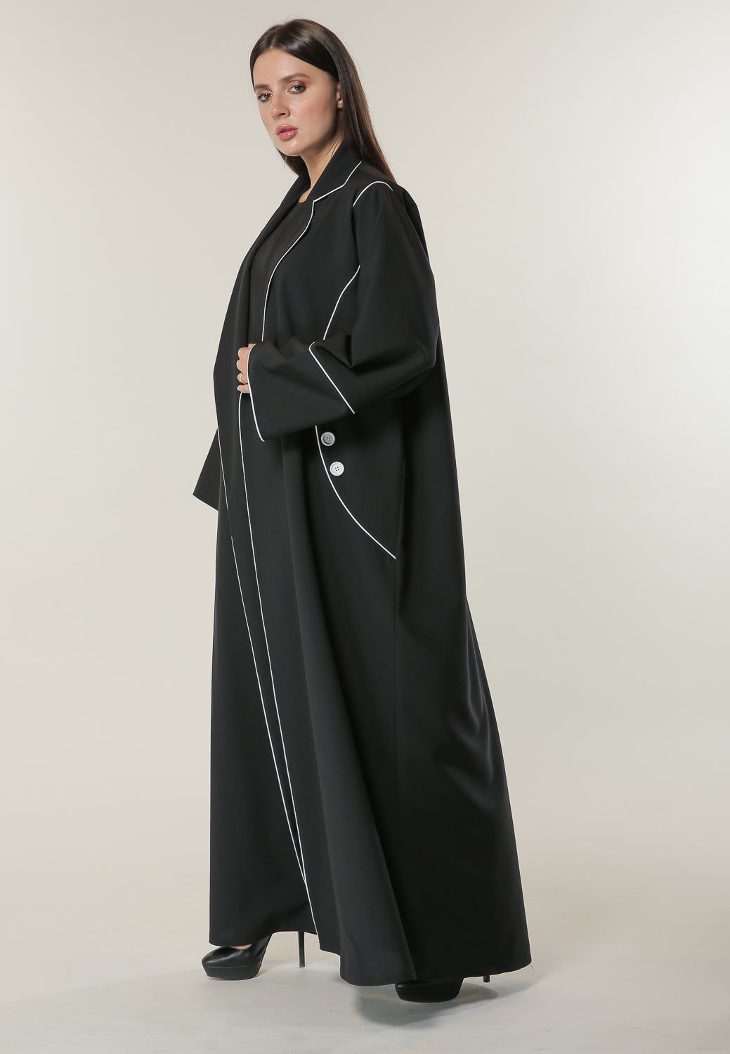 MOiSTREET Black Abaya with white Pipin and Buttons detailing