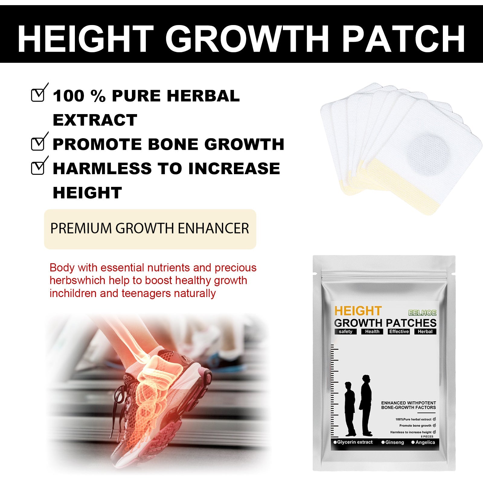 Abet Growth Enhancer, Natural Foot Patch for Height Boost, Bone & Blood Circulation ,8pcs