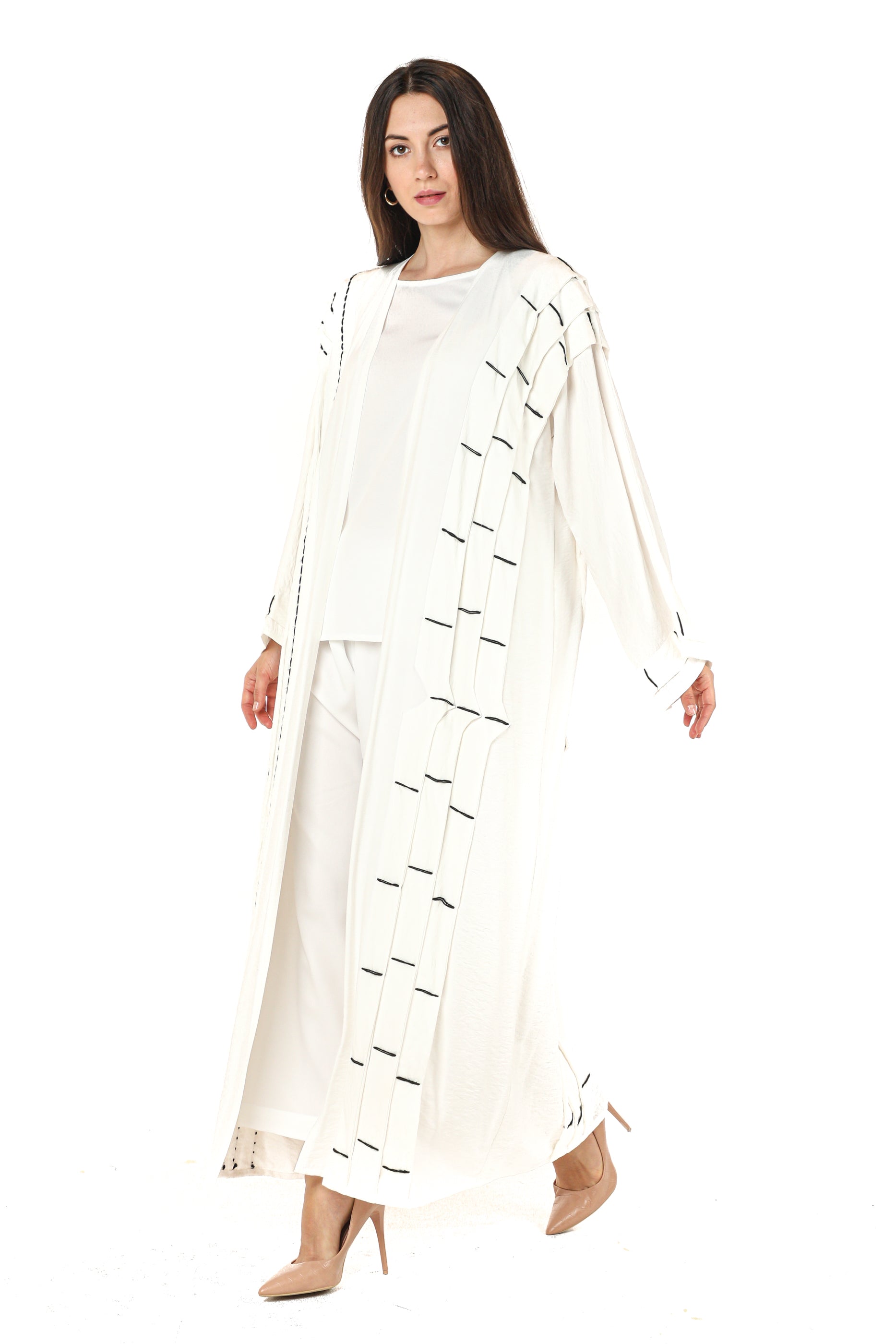 MOiSTREET Linen Abaya with Black Thread Work
