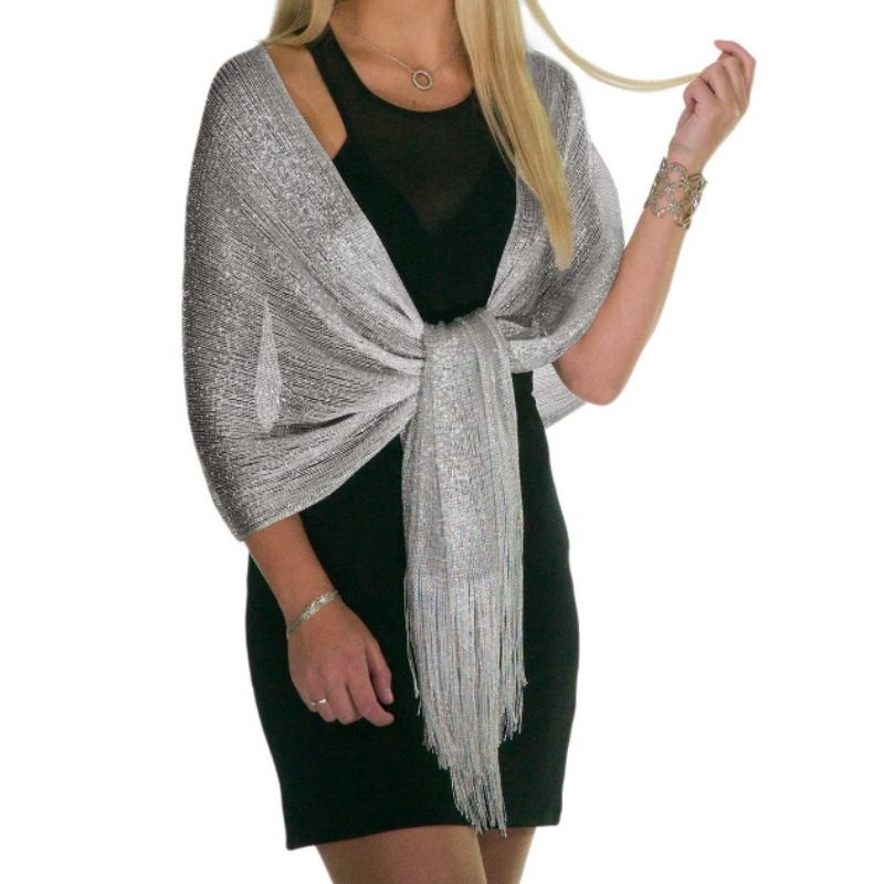 Silver Glitter Chiffon Shawl Wrap for Women Evening Dress