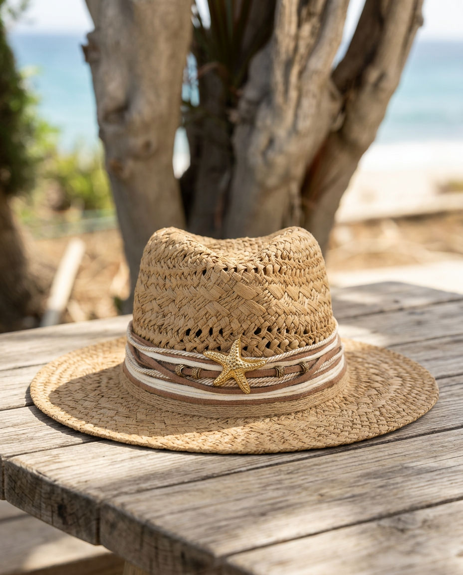 By Rita Raphael Camel Gold Starfish Straw Hat