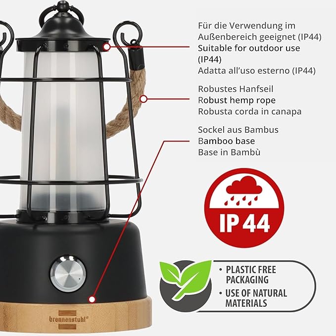 Brennenstuhl 1171800010 LED Rechargeable Camping Lantern Cal 1 (350 lm, IP44, up to 75h Burn time, infinitely dimmable, Adjustable Colour Temperature, Rechargeable Camping Light with Hemp Rope and Bamboo Base)