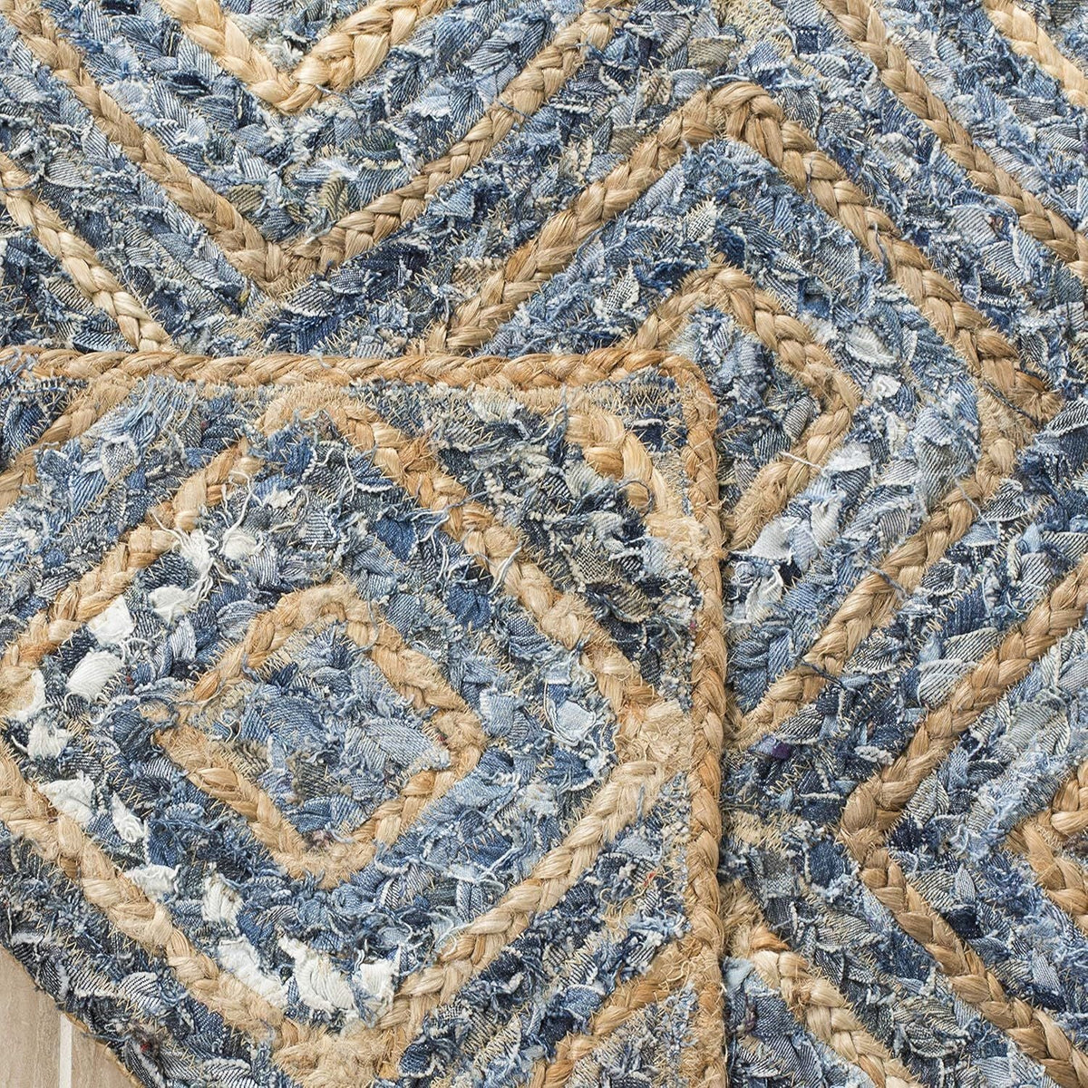 Denim Jute Rectangular Rug Diamond Pattern | Blue Beige Handwoven Area Carpet