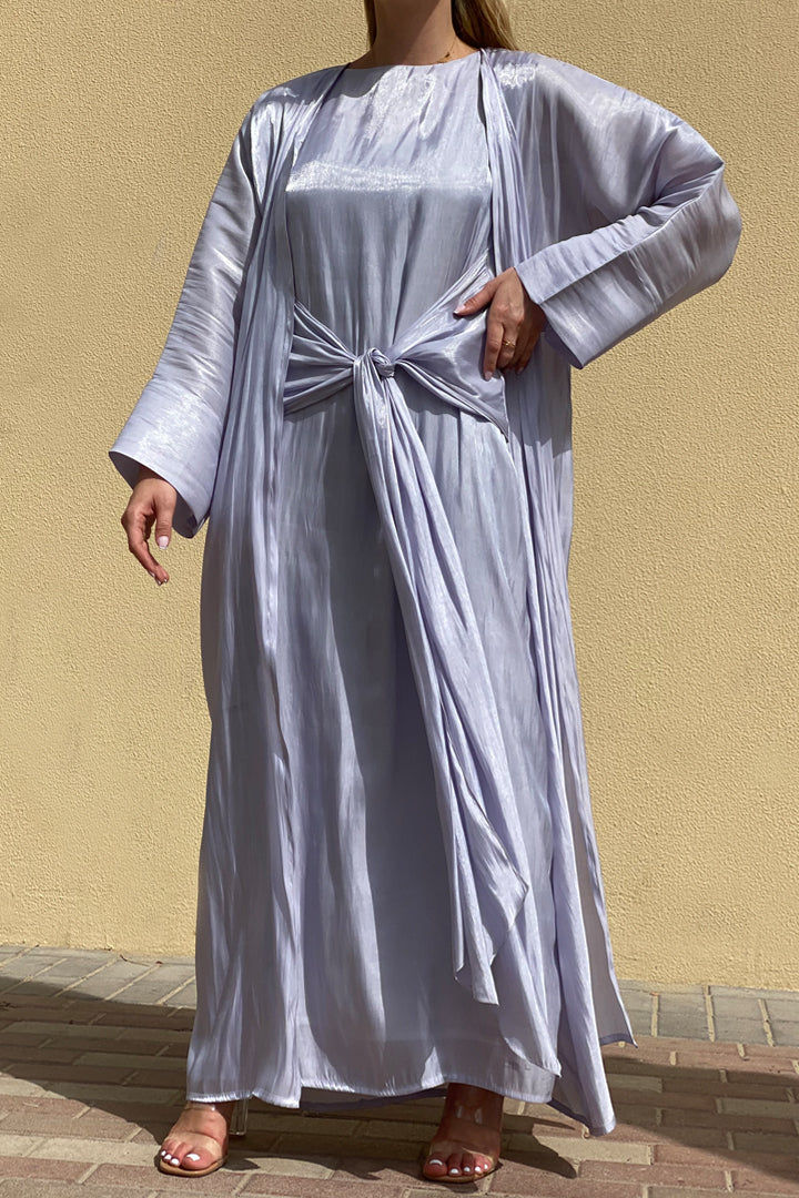 MOiSTREET Rotana Shimmer Lavender Grey Abaya Set Comes With 3 Piece