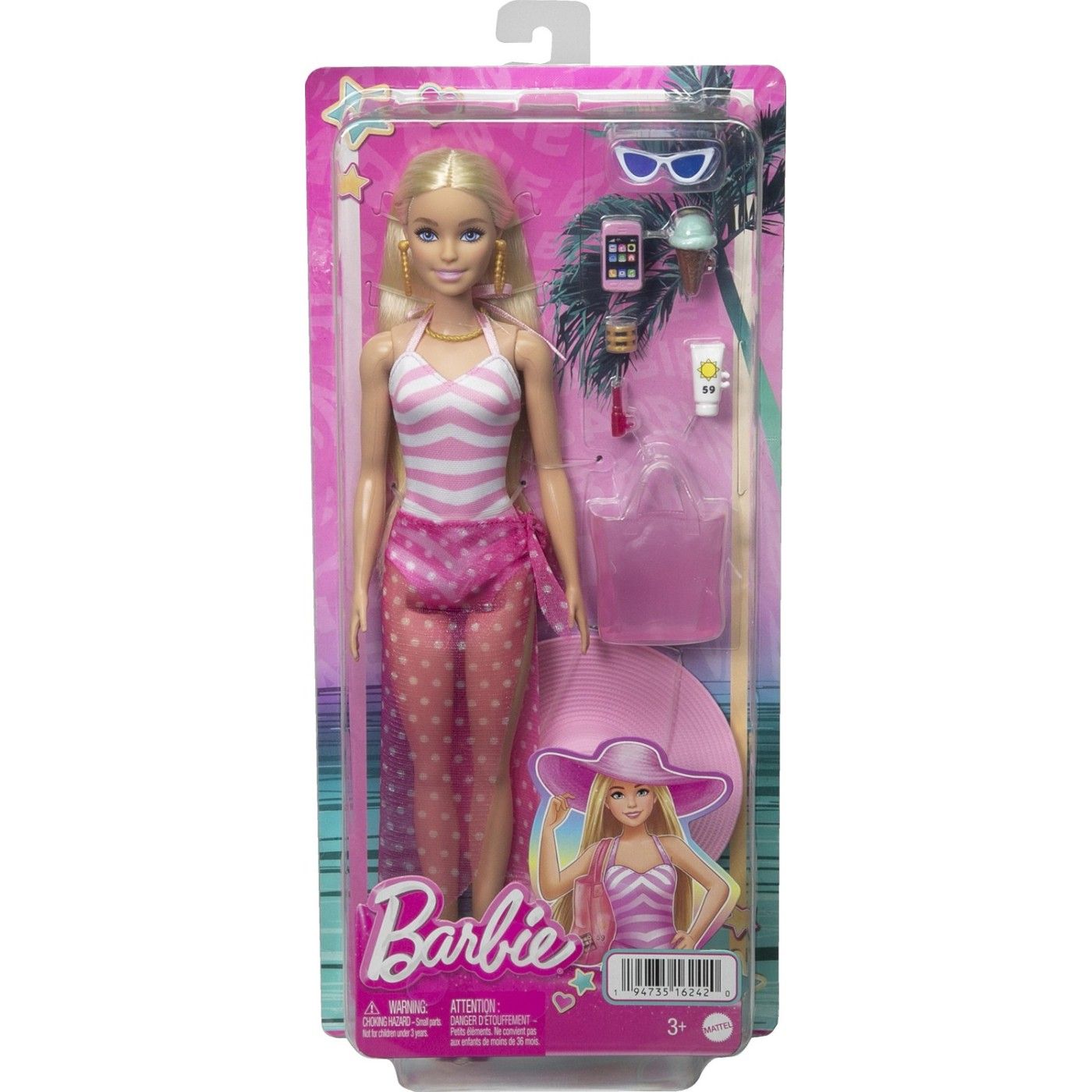 Barbie Beach Fun Blonde Doll with Accessories, 30cm