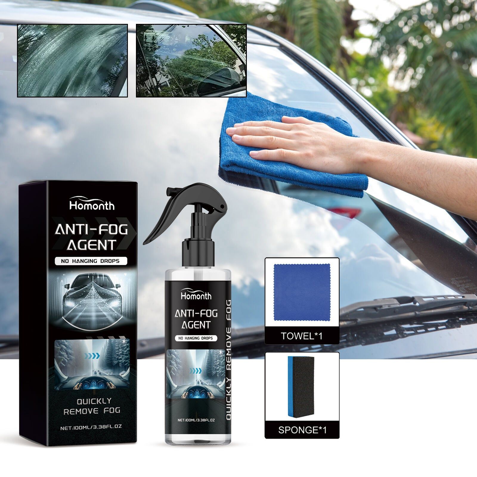 Anti-Fog Glass Cleaner, Rain Repellent, Hydrophobic Spray for Car, Mirror, Helmet ,1set