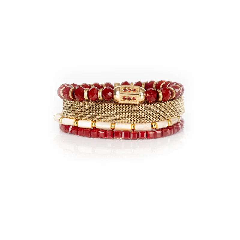 The Dark Ruby Red & Gold Beaded Bracelet Stack Crimson Glow