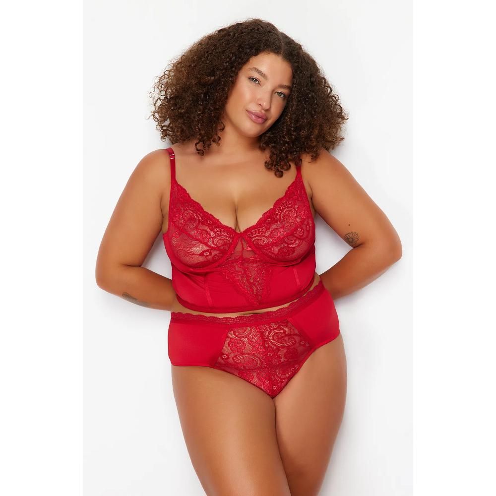 Large Size Red Lace Detailed Bustier-Panties Underwear Sets