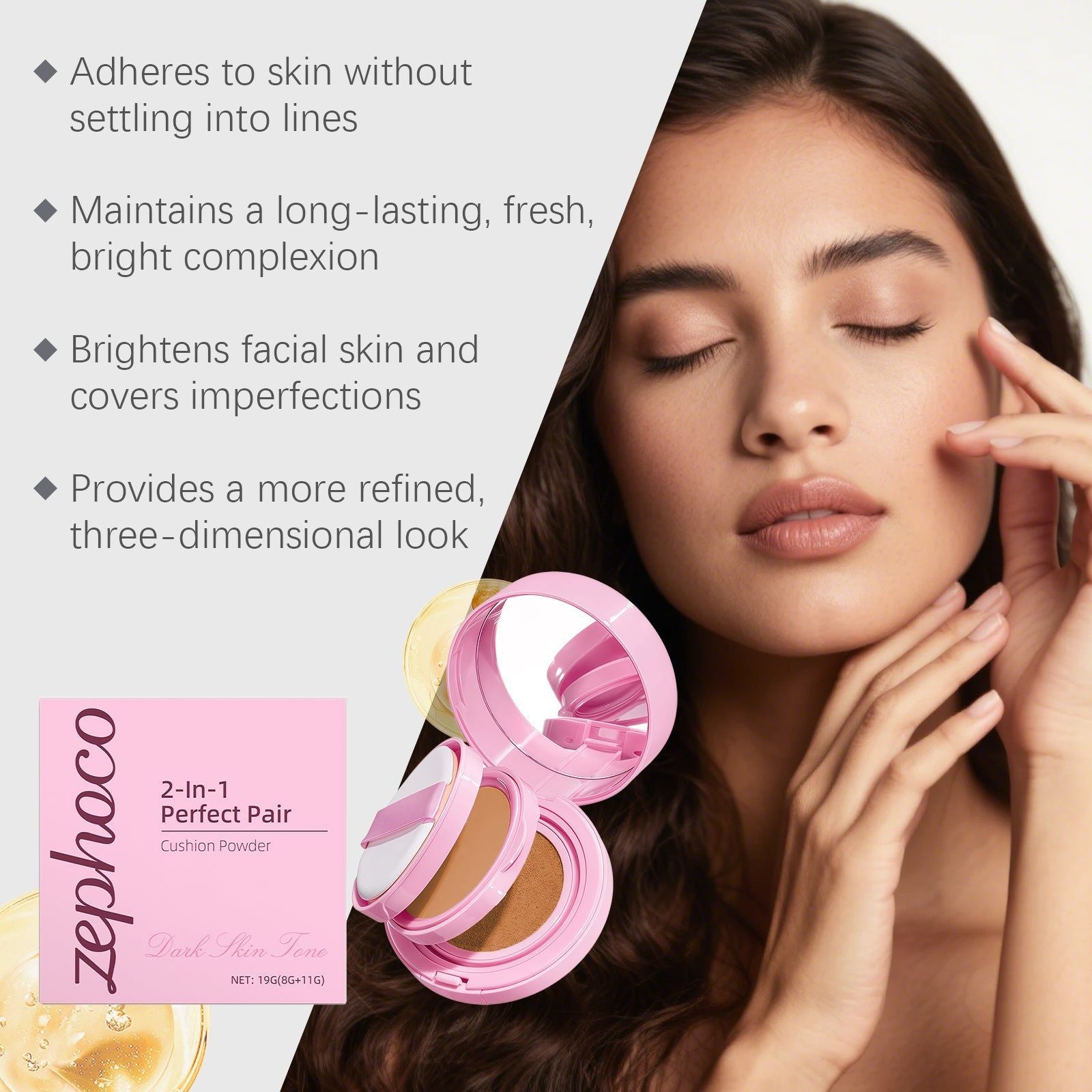 Dark Skin Cushion Powder, Oil Control Face Base Makeup, Hydrating, Long-lasting, Natural Finish ,19g