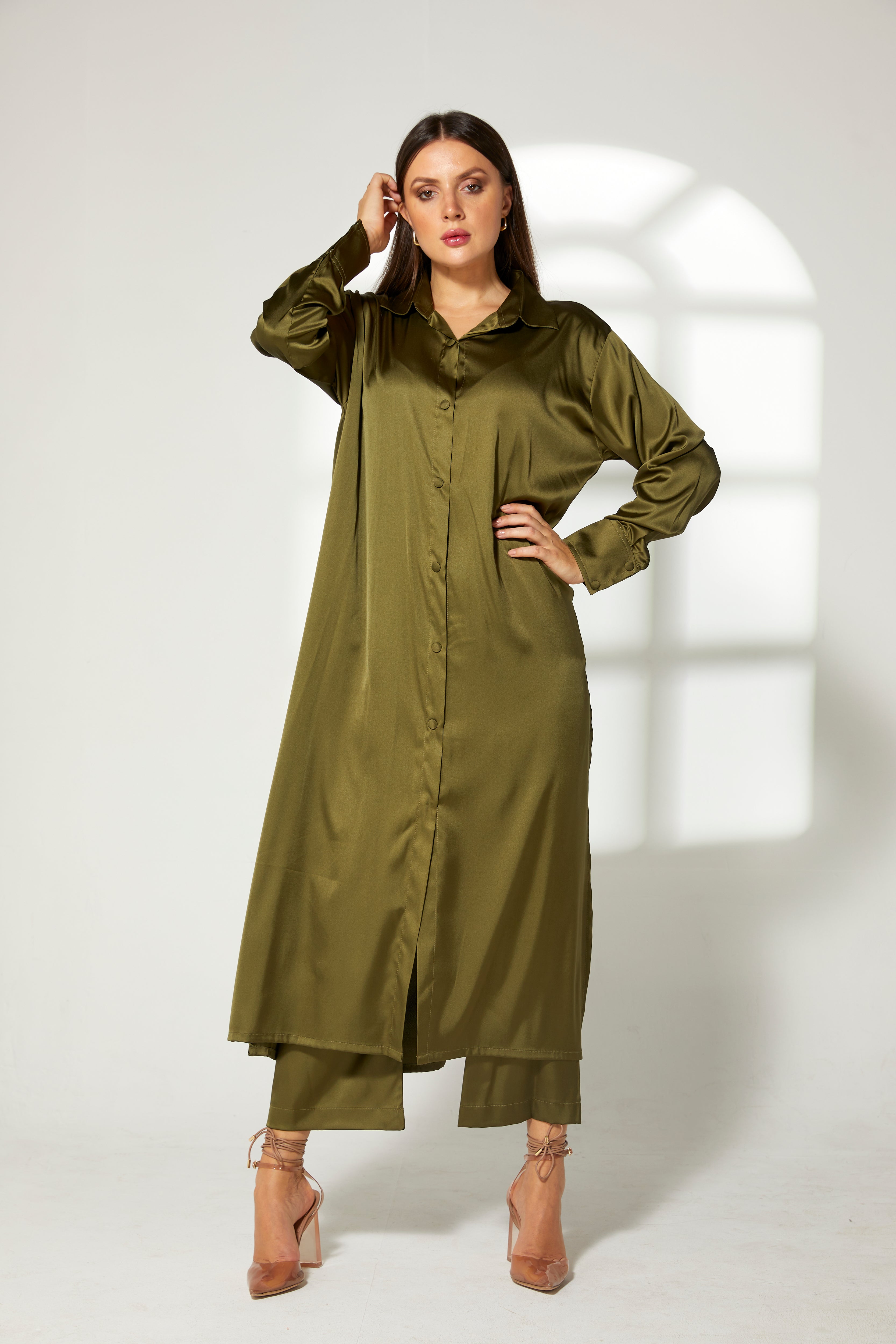 MOiSTREET Mustard Green Silk Fabric Top and Pants Set