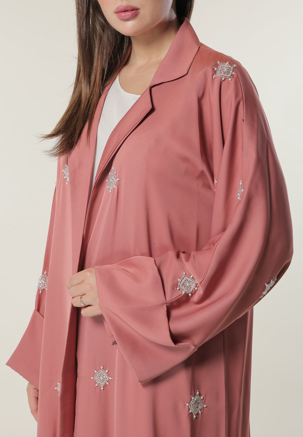 MOiSTREET Pink Abaya with Hand Beaded Motifs