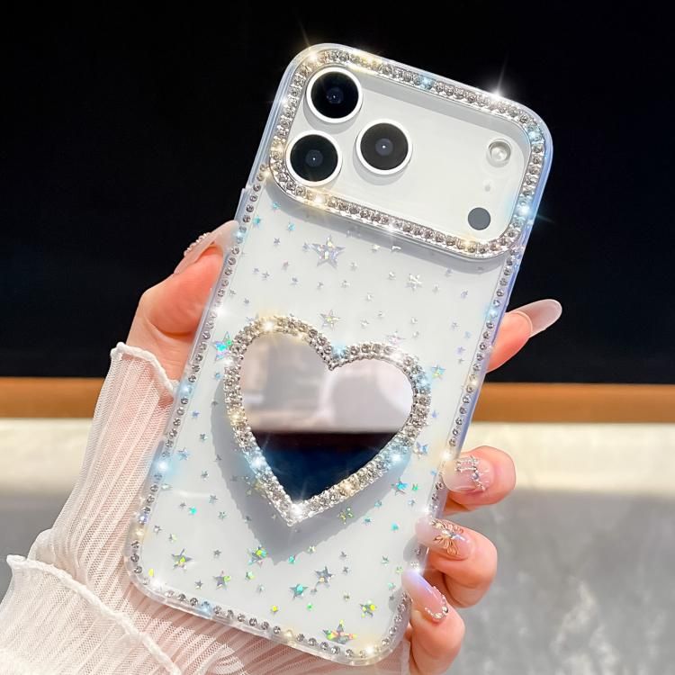 For iPhone 18 Pro Max / iPhone 17 Pro Max Diamond Glitter Mirror Heart Holder Phone Case
