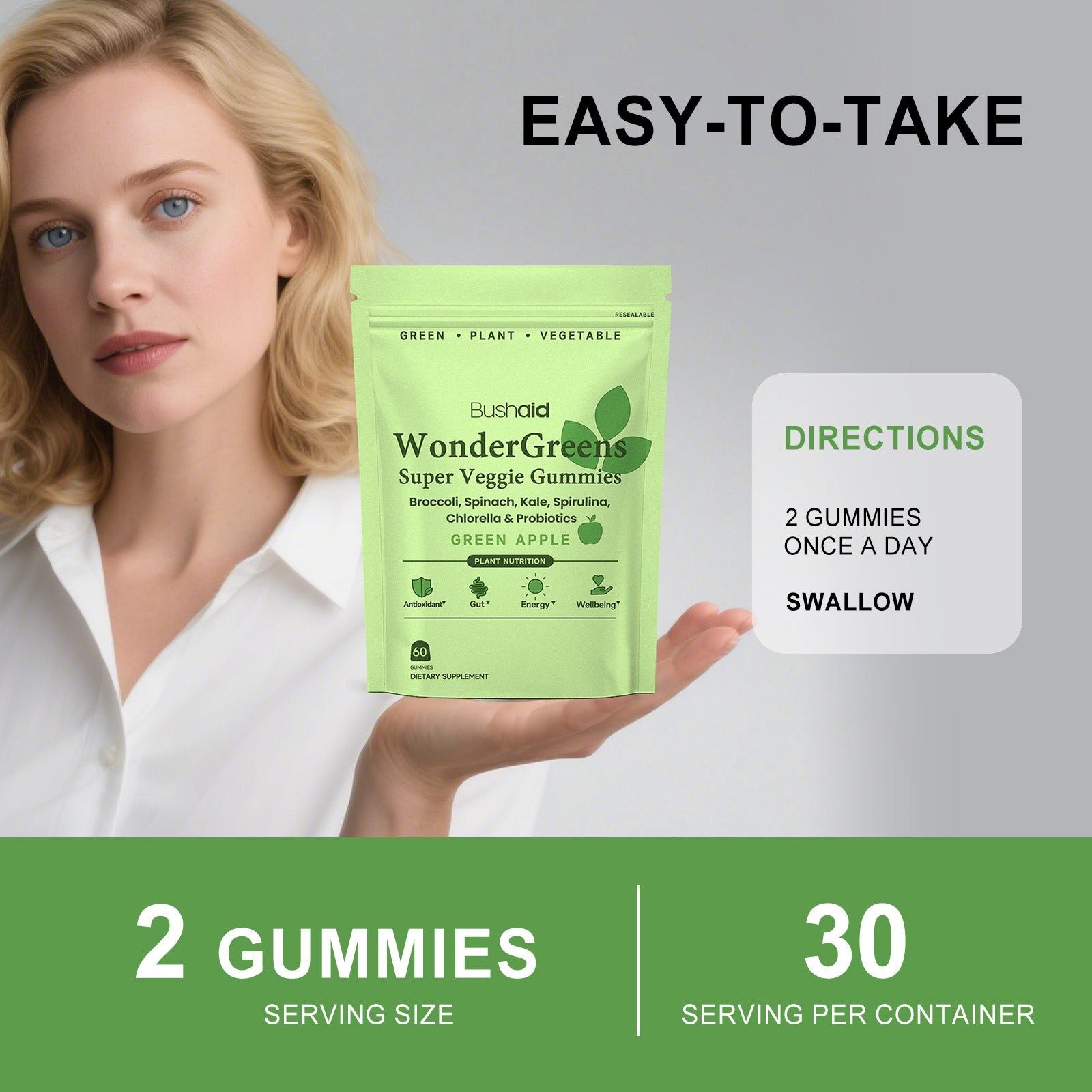 Boost Bone & Immune Health with BushAid Wonder Greens Super Veggie Gummies, Body Care ,60 gummies