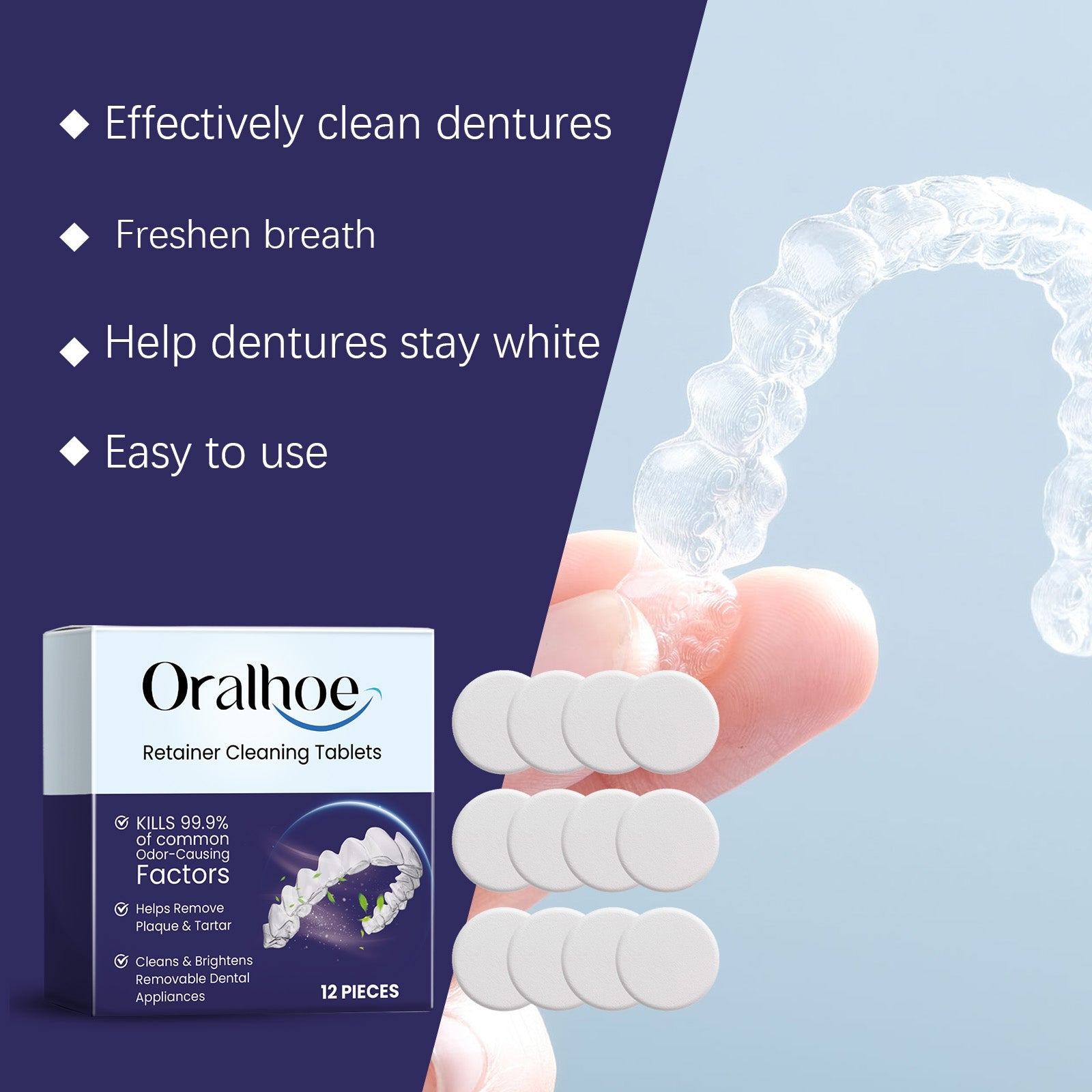 Mouth Guard Clean Effervescent Tablets, Deep Clean, Stain Removal, Fresh Breath ,12 pieces