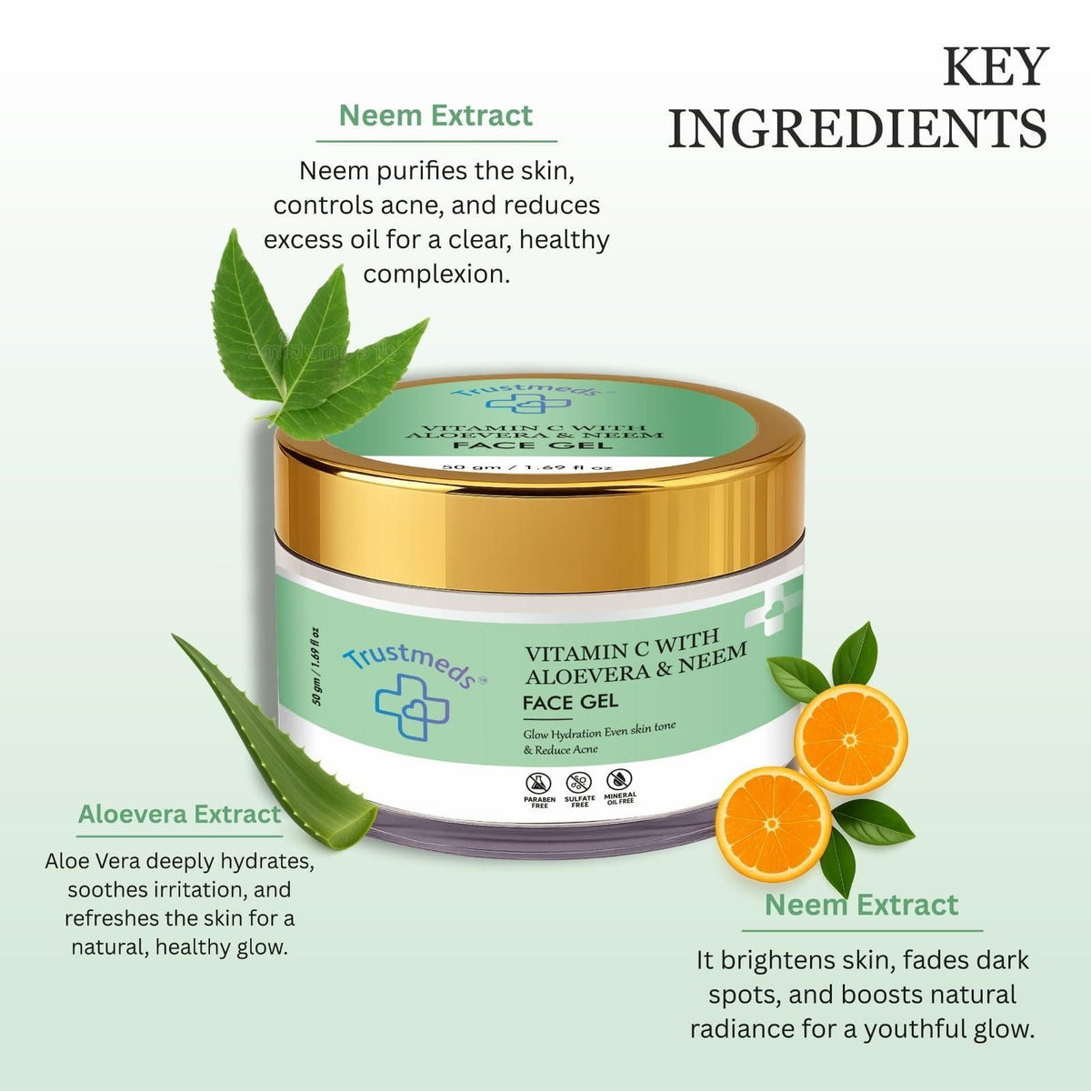 Trustmeds Vitamin C Face Gel with Aloevera & Neem for Clear Glow