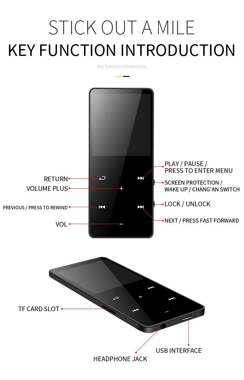 Music Player Wireless Bluetooth Mp4 Player 32GB With Media 1.8 Inch Touch Key