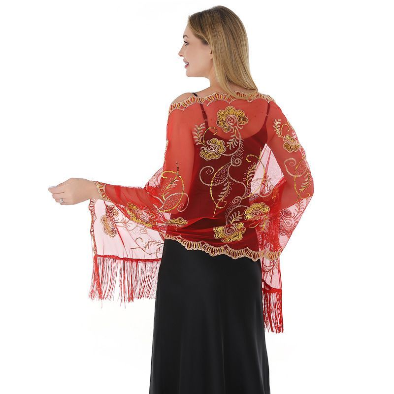 Luxury Black Gold Embroidered Fringe Shawl Wrap for Women Evening Party