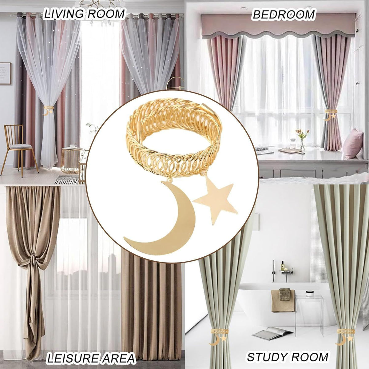 4PCS Curtain Tiebacks Spring Tieback Curtain Holders Adjustable Curtain Clips Star Moon Curtain Tiebacks