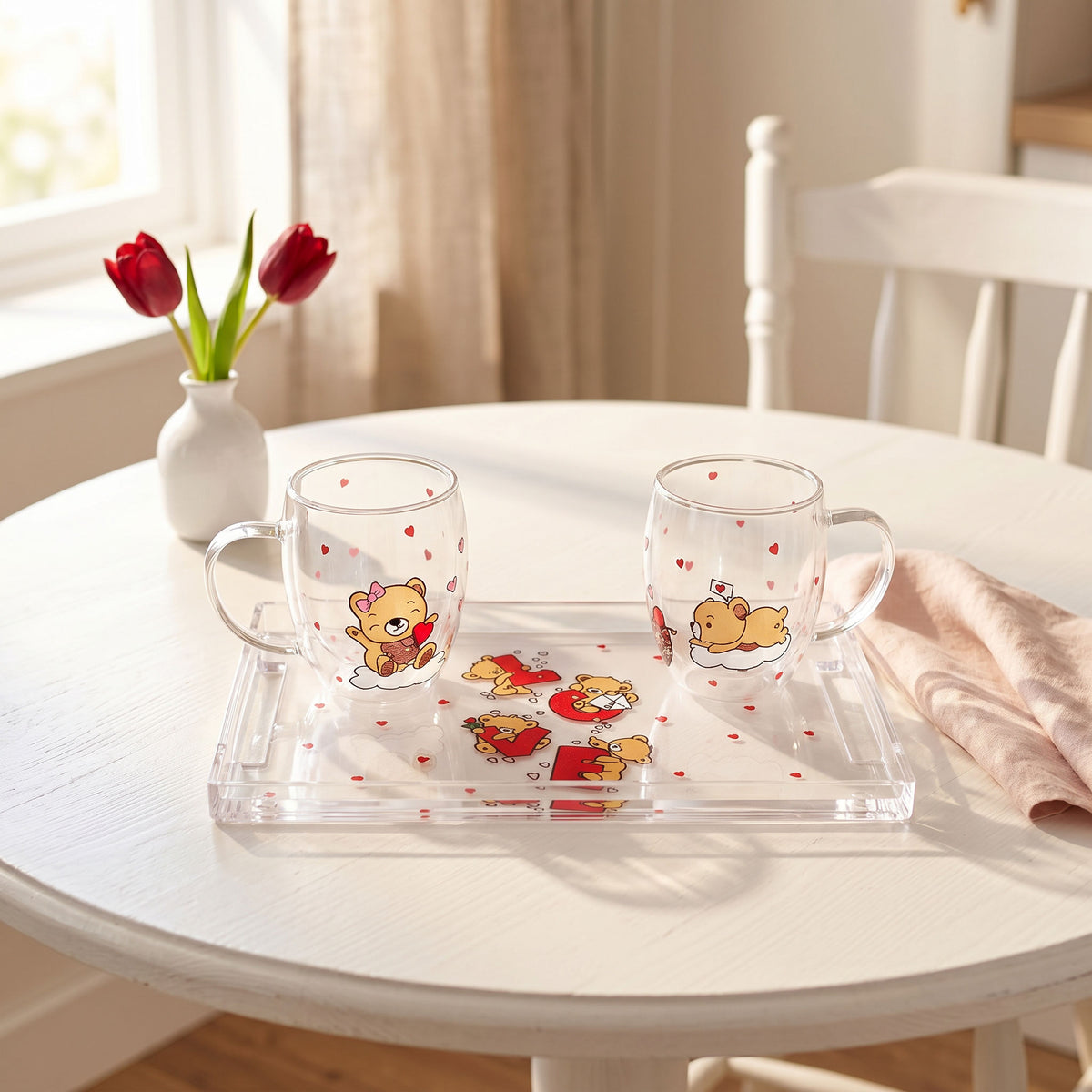 Handi Made Handpainted Double Glass Mugs with Tray (Delivered in up to 7 days)