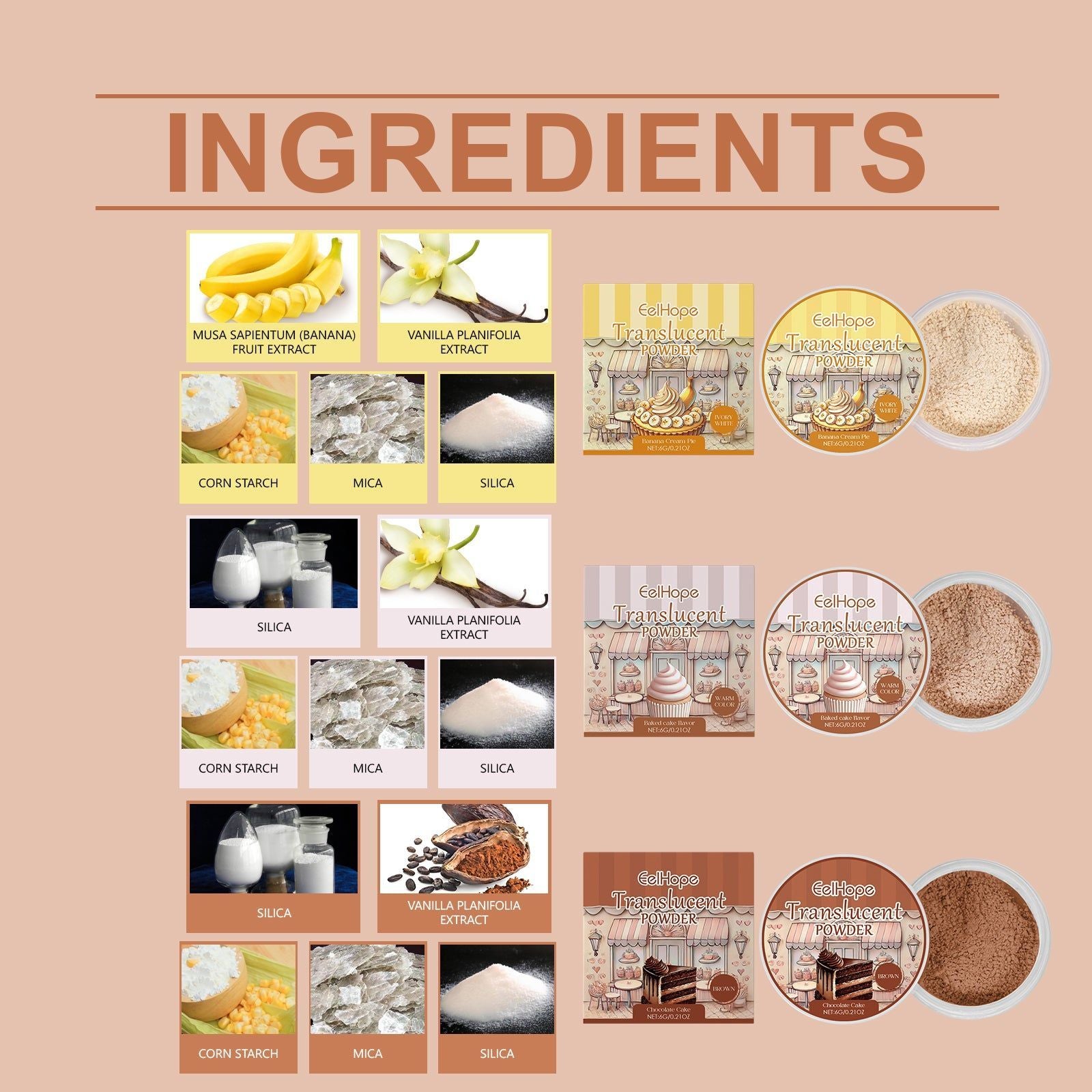 Brown Translucent Face Setting Powder, Oil Control, Long-Lasting Makeup ,6g