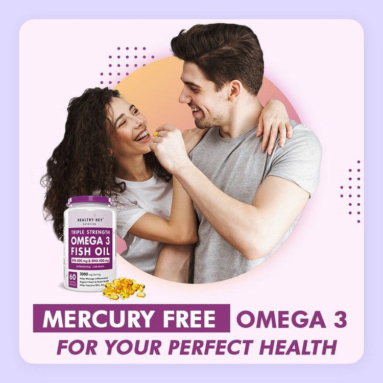 HealthyHey Fish Oil Omega 3 60 Softgel For Women and Men | Triple Strength Fish Oil | Burpless, EPA 600 - DHA 400 Supplement