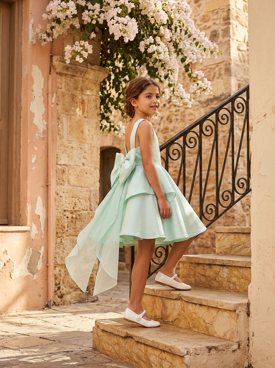 Girls Organza & tule Bow Dress Mint