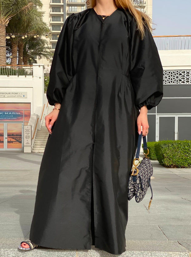 MOiSTREET Victoria Satin Bubble Sleeves & Gather Details Black Abaya Set with Under Dress & Sheila