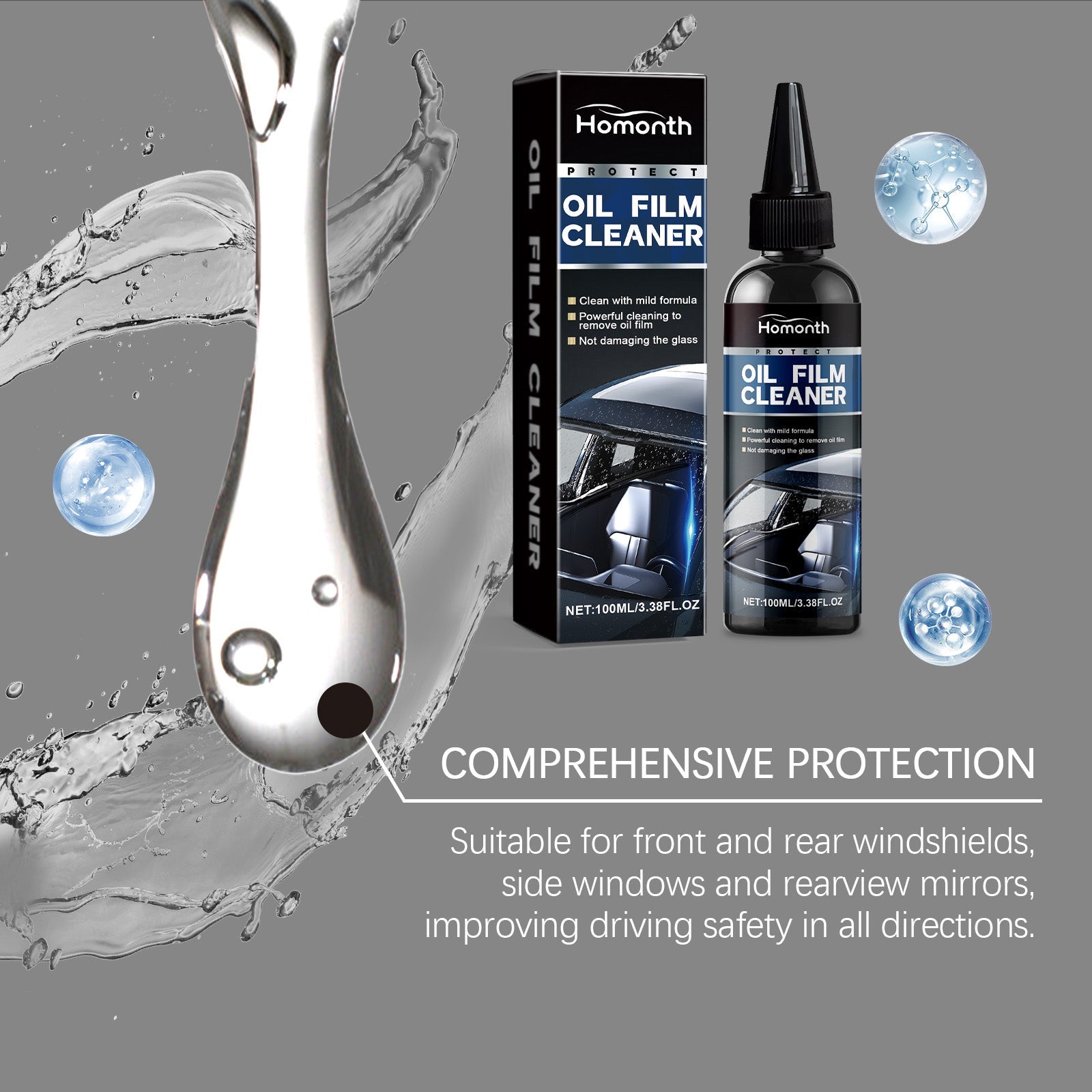 Car Oil Film Cleaner, Rainproof Glass Coating, Fog & Dust Removal, Safe & Long-lasting ,100ml
