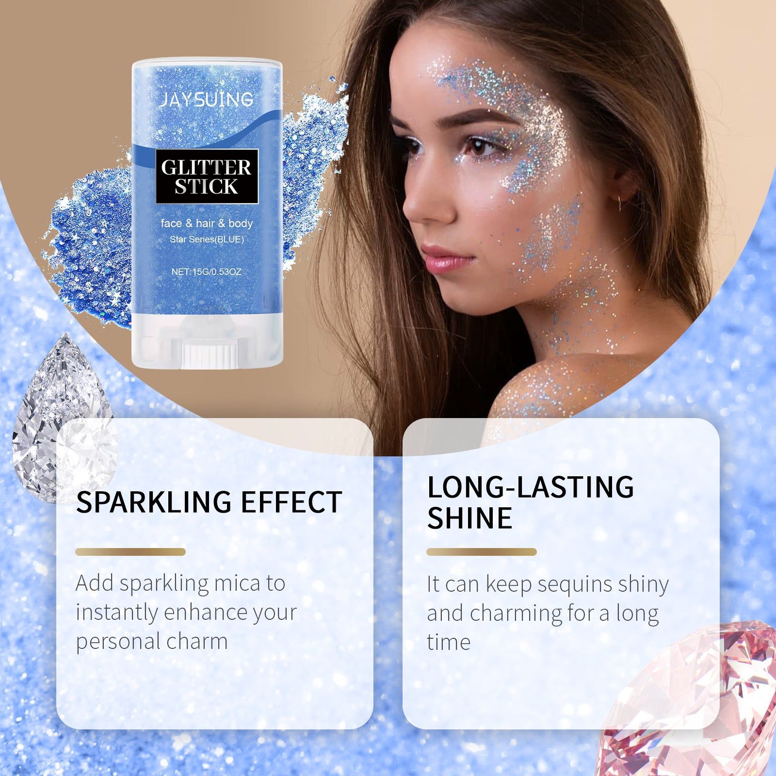 Blue Sequin Highlight Stick for Face Body Hair, Party Dance Performance Makeup ,15g