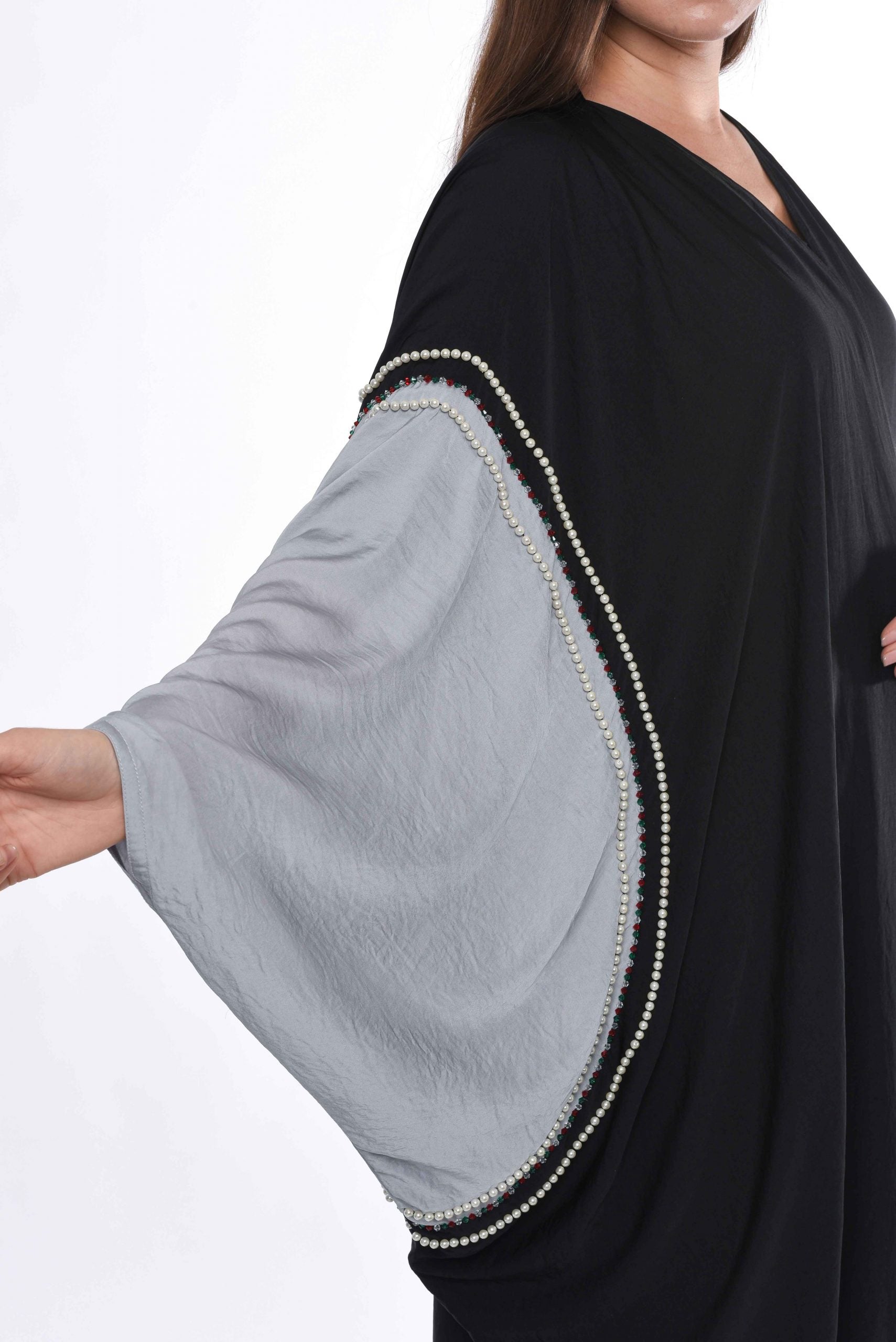 MOiSTREET Black Grey Cape Abaya with Hand Bead work